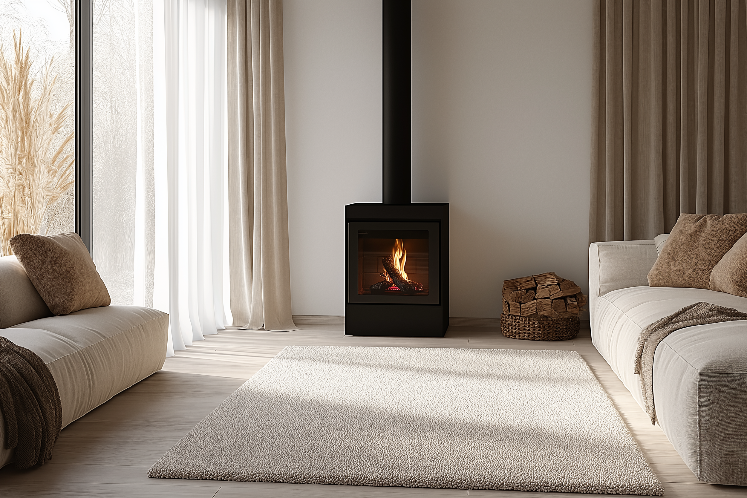 Scandinavian living room with a cozy fireplace, white sofa, and natural light streaming through large windows.
