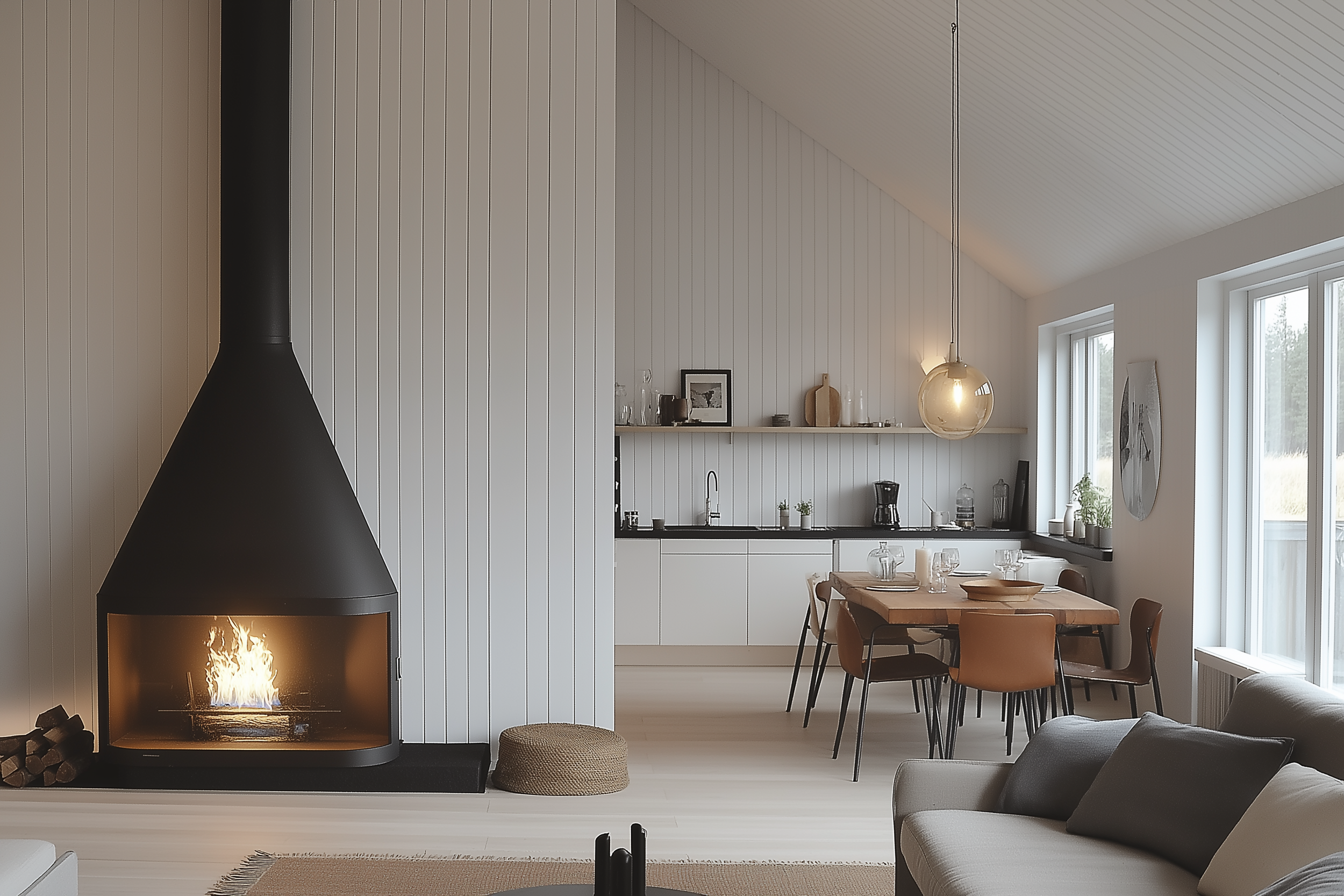 Modern Scandinavian living room with a black fireplace, light-toned furniture, minimalist kitchen, and dining space. Neutral color palette and natural light.