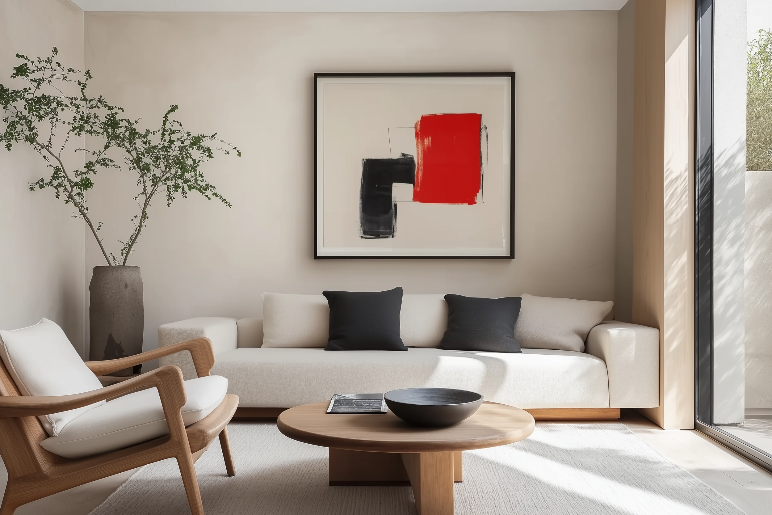 A minimalist Scandinavian living room with a large abstract red and black art piece, modern white sofa, natural light, and light wood furniture.