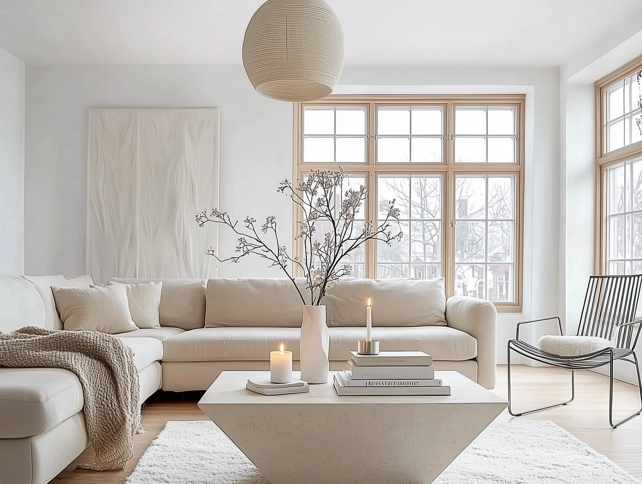 A Scandinavian minimalist living room with natural light, white walls, textured wall art, and a cozy sectional sofa accented by a geometric coffee table and a candle.