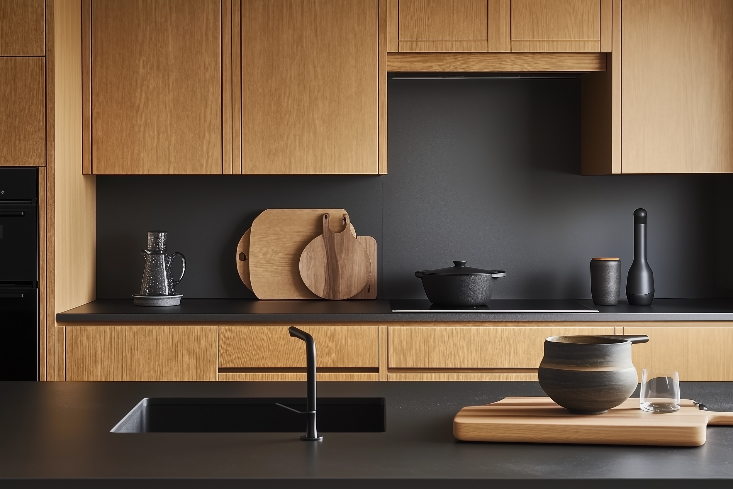 Modern Scandi kitchen featuring warm wooden cabinets, minimalist black accents, clean lines, and functional design elements.