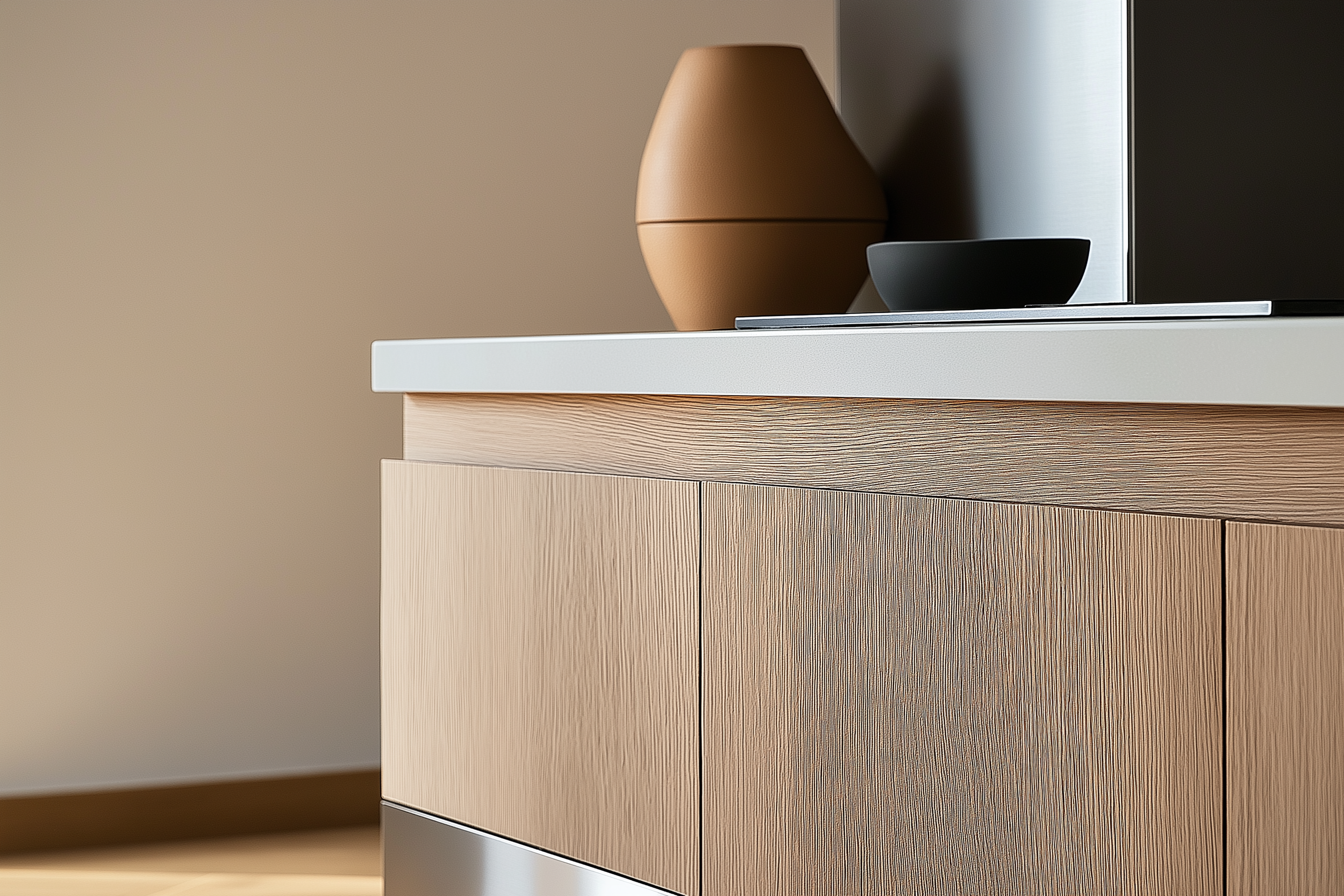 A modern Scandi kitchen featuring textured wood low cabinets, sleek black countertop, and minimalist design elements, with subtle geometric and natural textures.