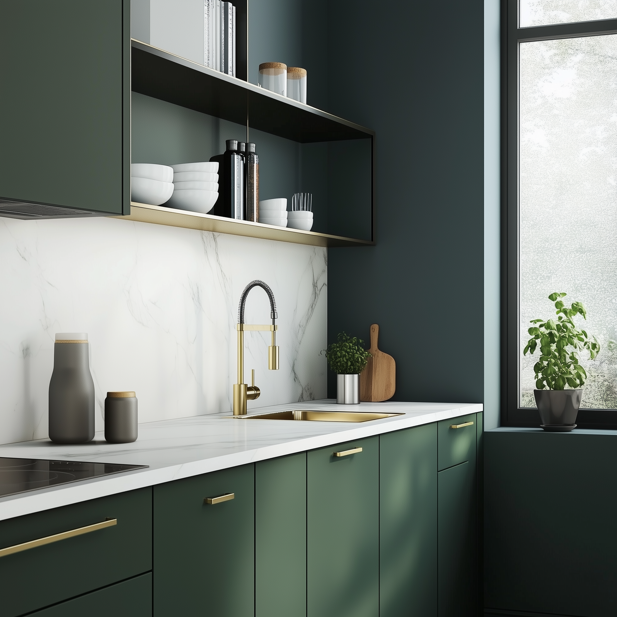 Modern Scandinavian kitchen with green cabinetry, marble countertops, a gold faucet, and minimalistic decor.