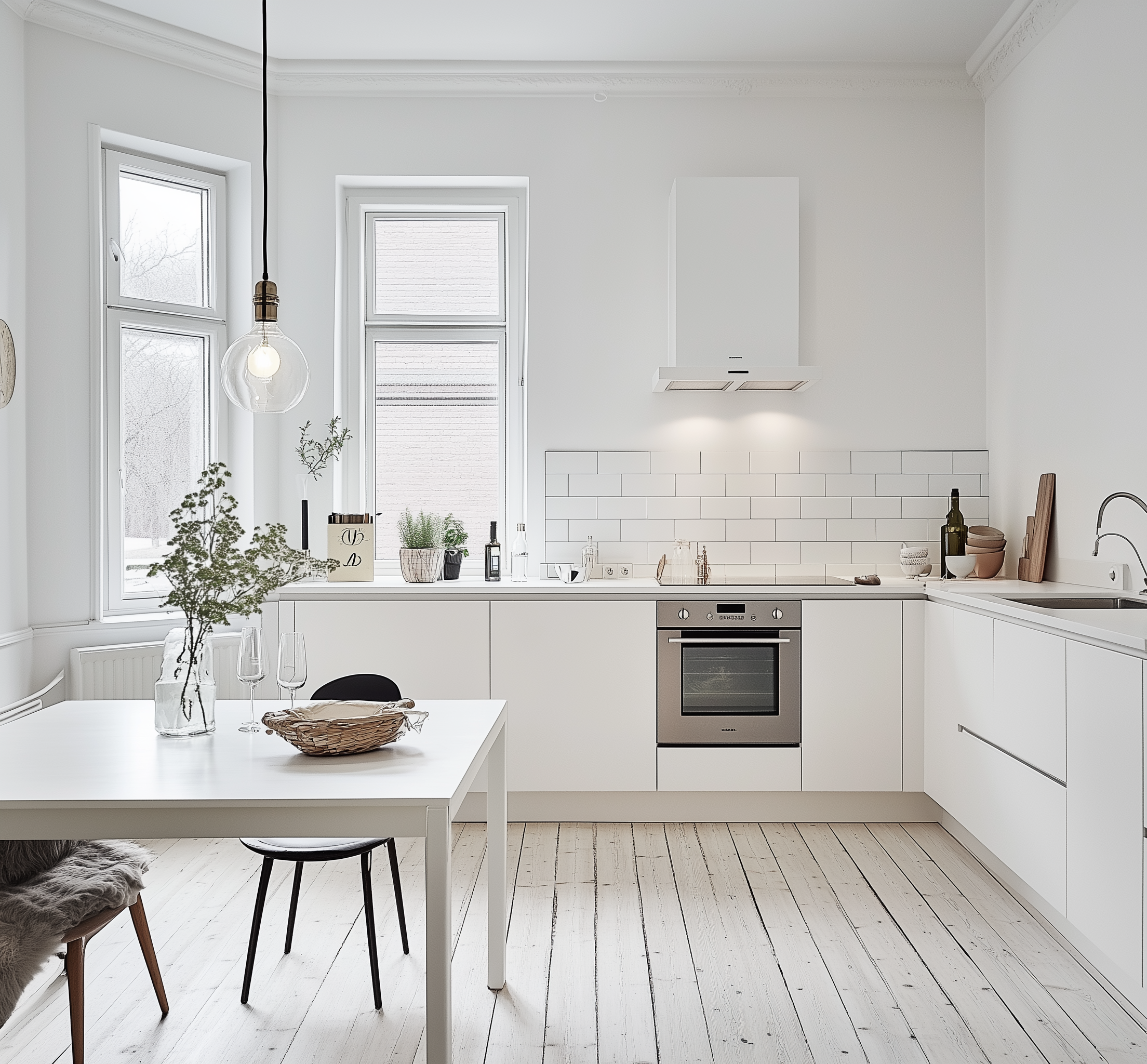 A sleek and minimalist white kitchen with clean lines, modern cabinets, subway tile backsplash, and a bright, airy atmosphere enhanced by natural light.