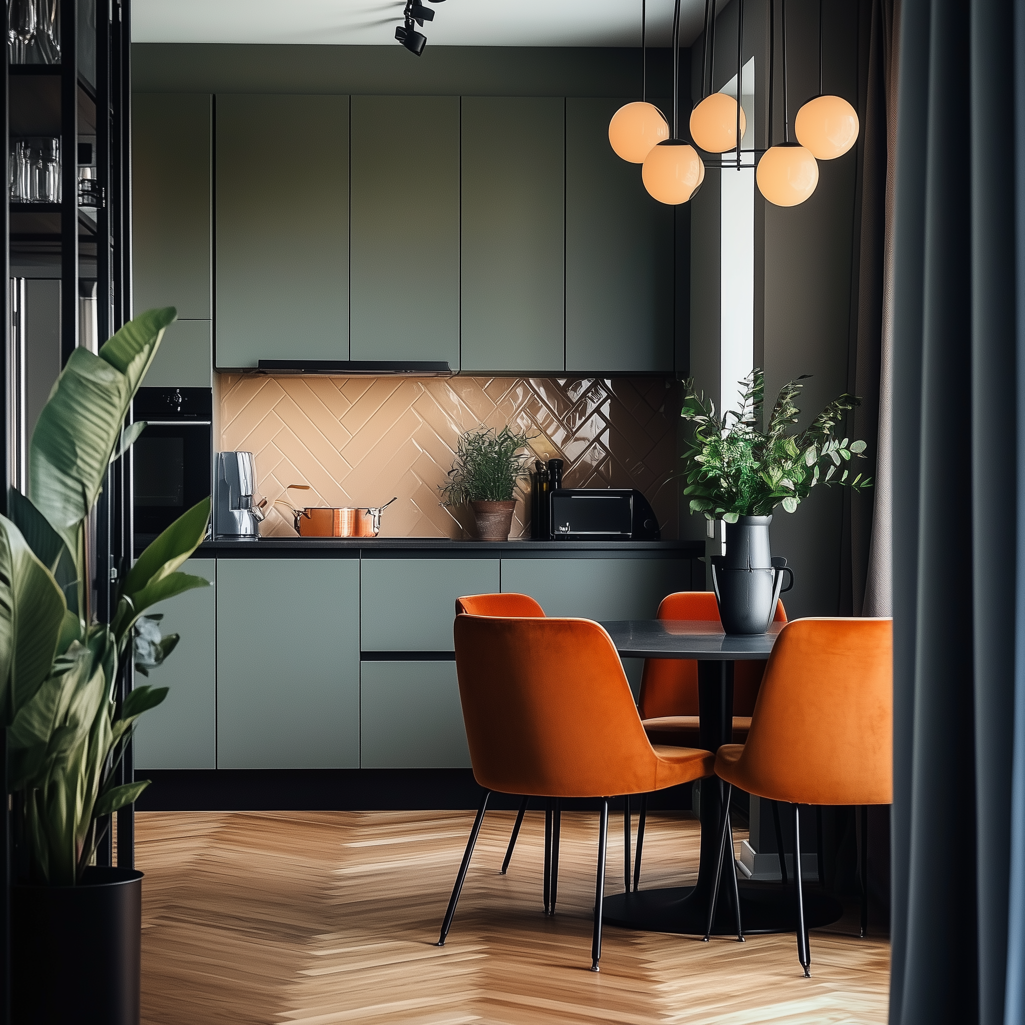 A modern Scandinavian kitchen with vibrant orange chairs, dark green cabinets, a beige tiled backsplash, and large windows letting in natural light.