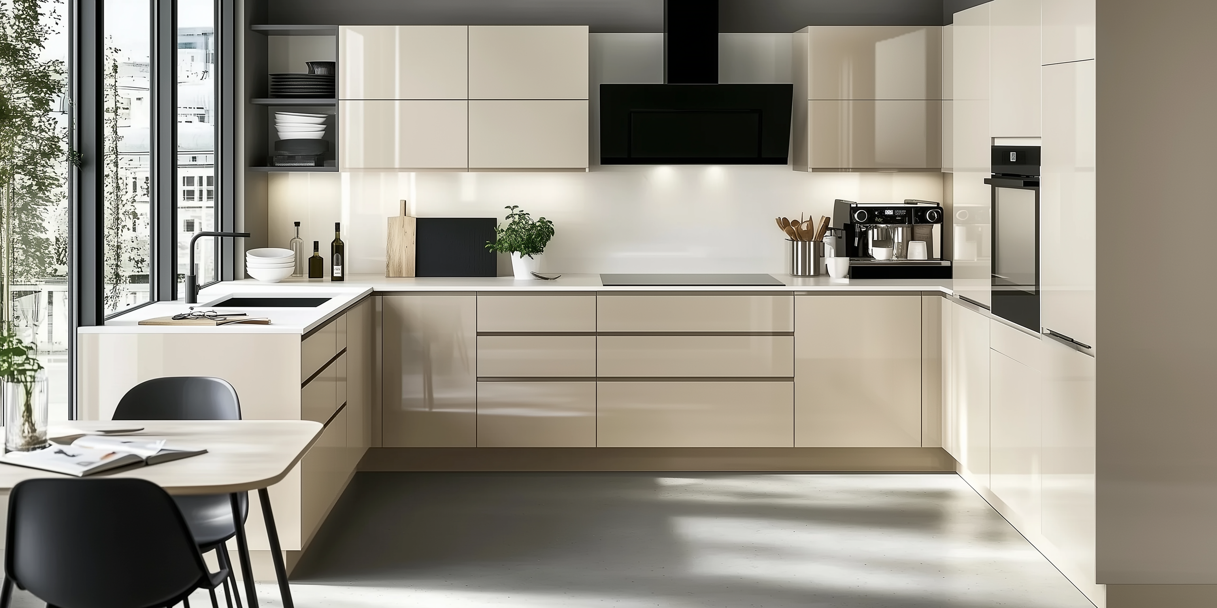 A bright and contemporary beige kitchen featuring glossy cabinets, black accents, and a clean, organized layout with an open dining space.
