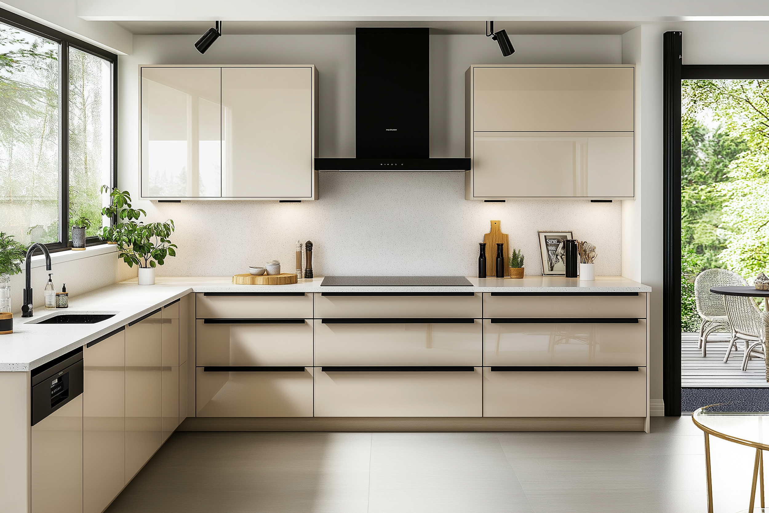 A functional, minimal Scandinavian kitchen with light-colored cabinetry, open shelving displaying kitchenware, and a sleek faucet, creating an organized and airy environment.