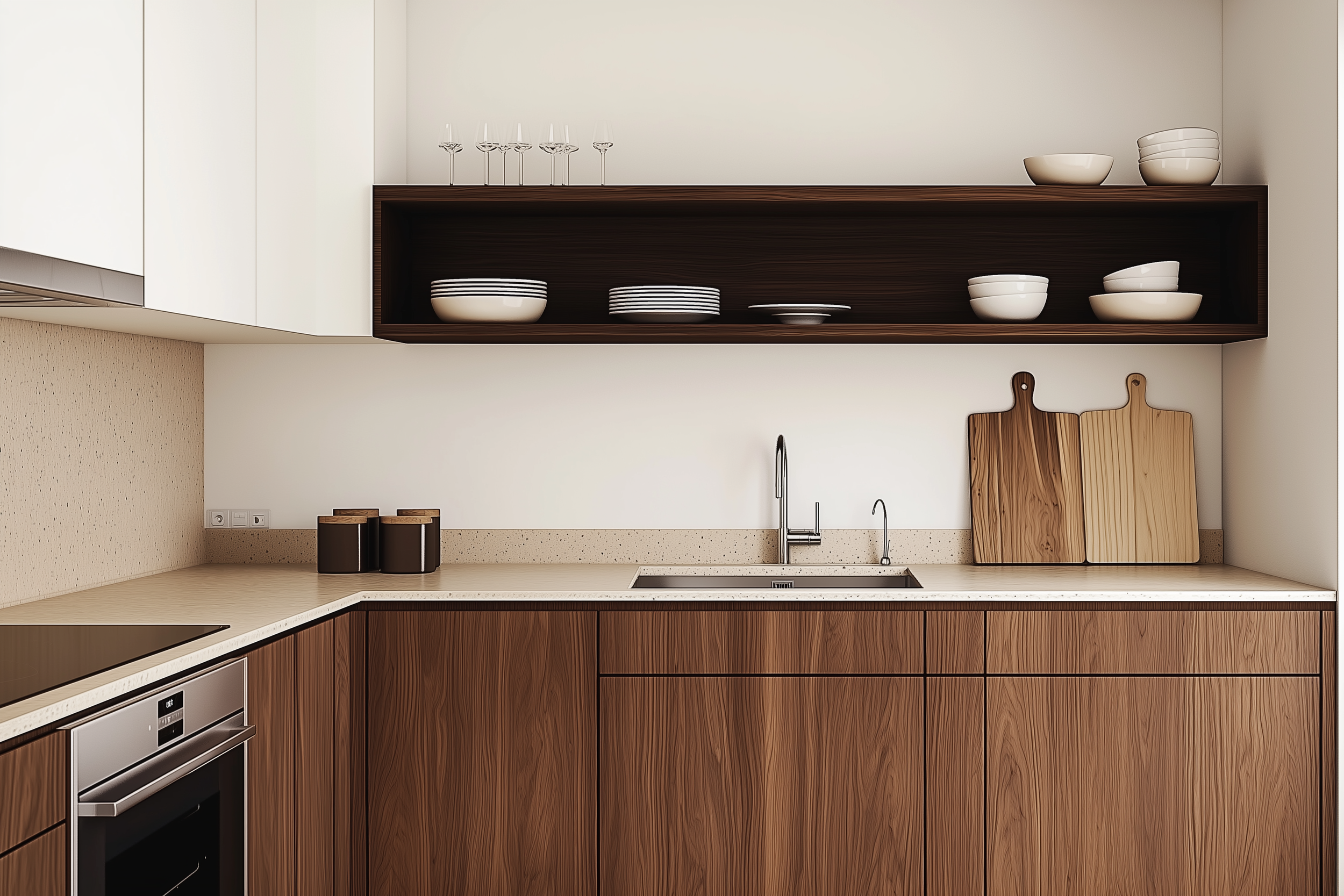 A modern minimalist kitchen with white upper cabinets, wood lower cabinets, and natural elements such as cutting boards and simple kitchen accessories.
