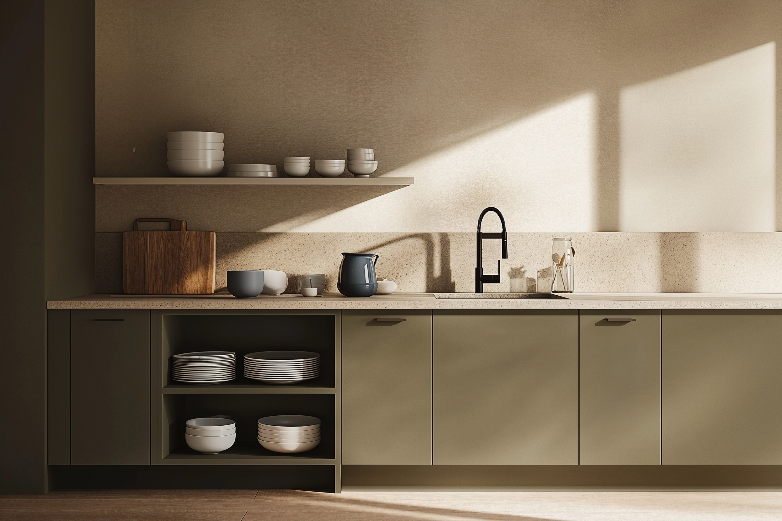 A modern, minimalist Scandinavian kitchen with green lower cabinets, neutral countertops, open shelving, stacked plates, and stylish kitchenware under soft, natural lighting.