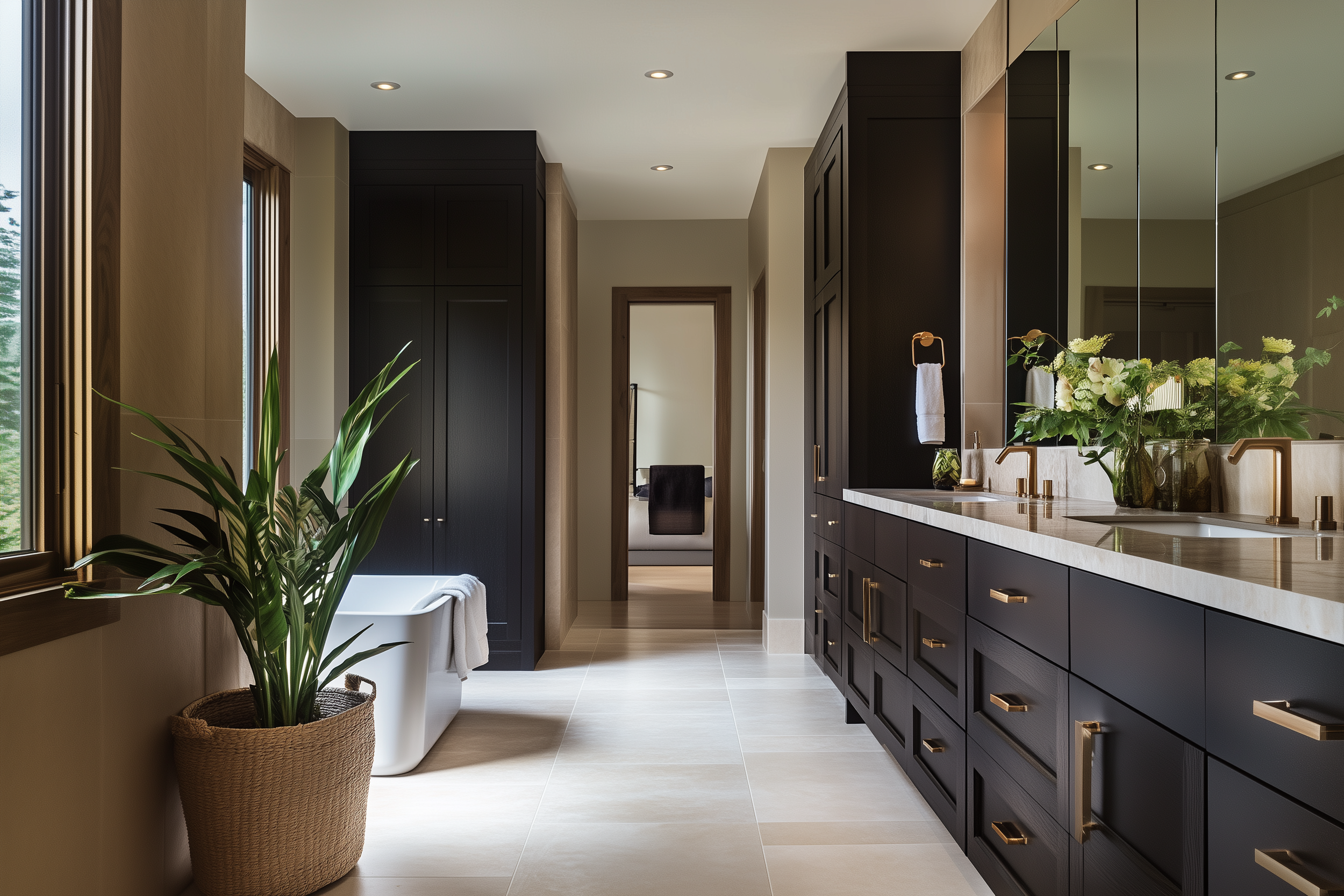 Bathroom vanity with modern storage drawers and gold-accented faucets, providing both style and practicality for a sophisticated bathroom interior design.