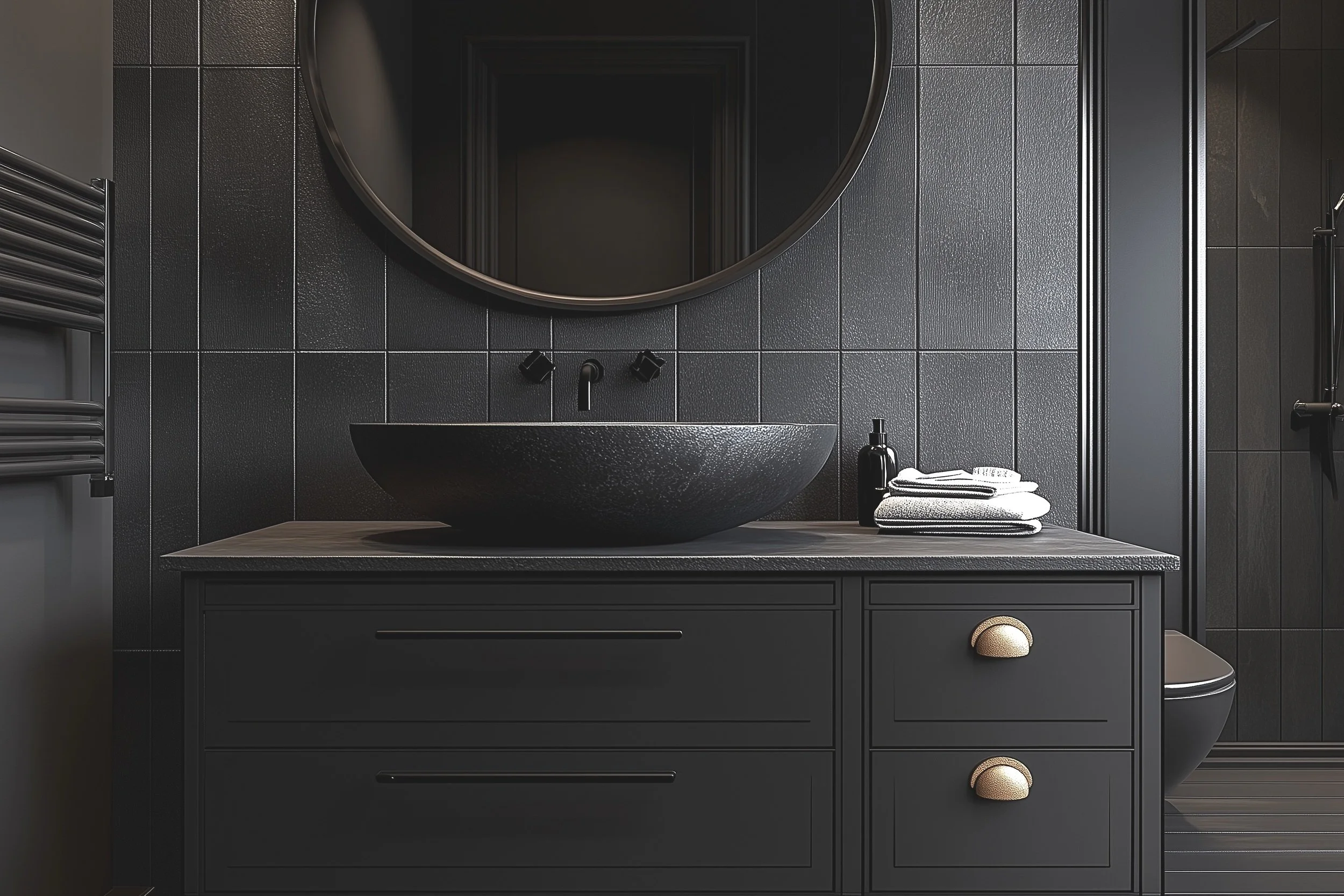 Modern black bathroom vanity with gold handles, a round sink, and sleek drawers—creating a chic and functional bathroom design.