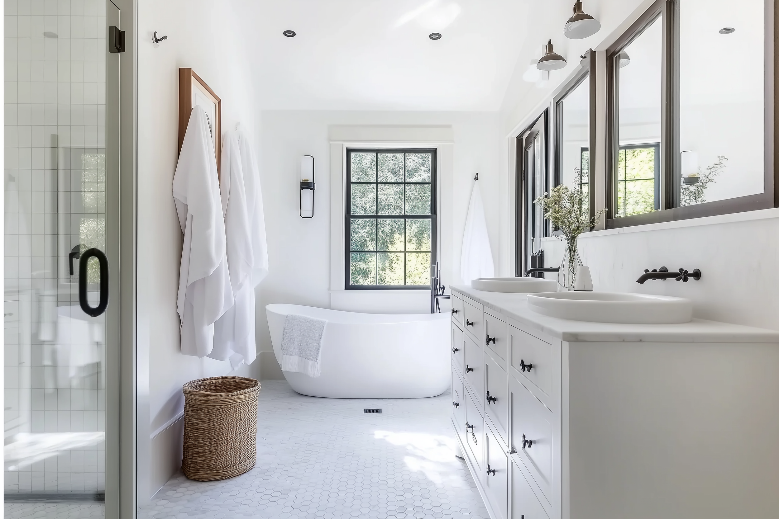 Contemporary white bathroom with double sinks, sleek storage, and minimalistic faucets for a fresh, timeless design.