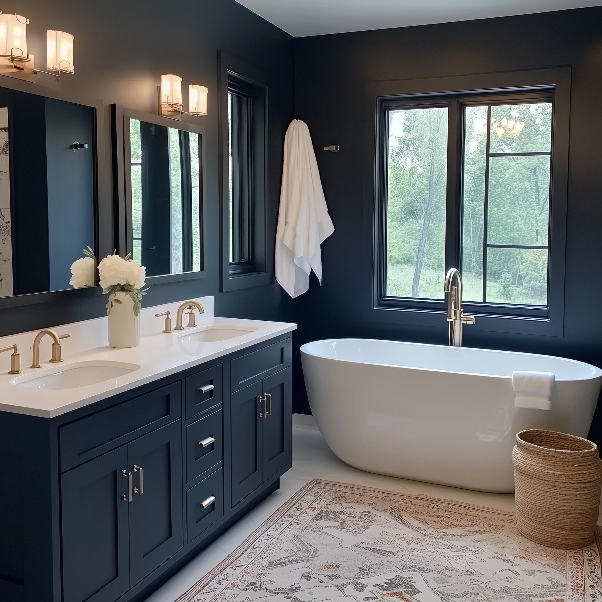 Modern bathroom with sleek vanity, minimalistic faucets, and a cozy rug creating a warm, inviting atmosphere.