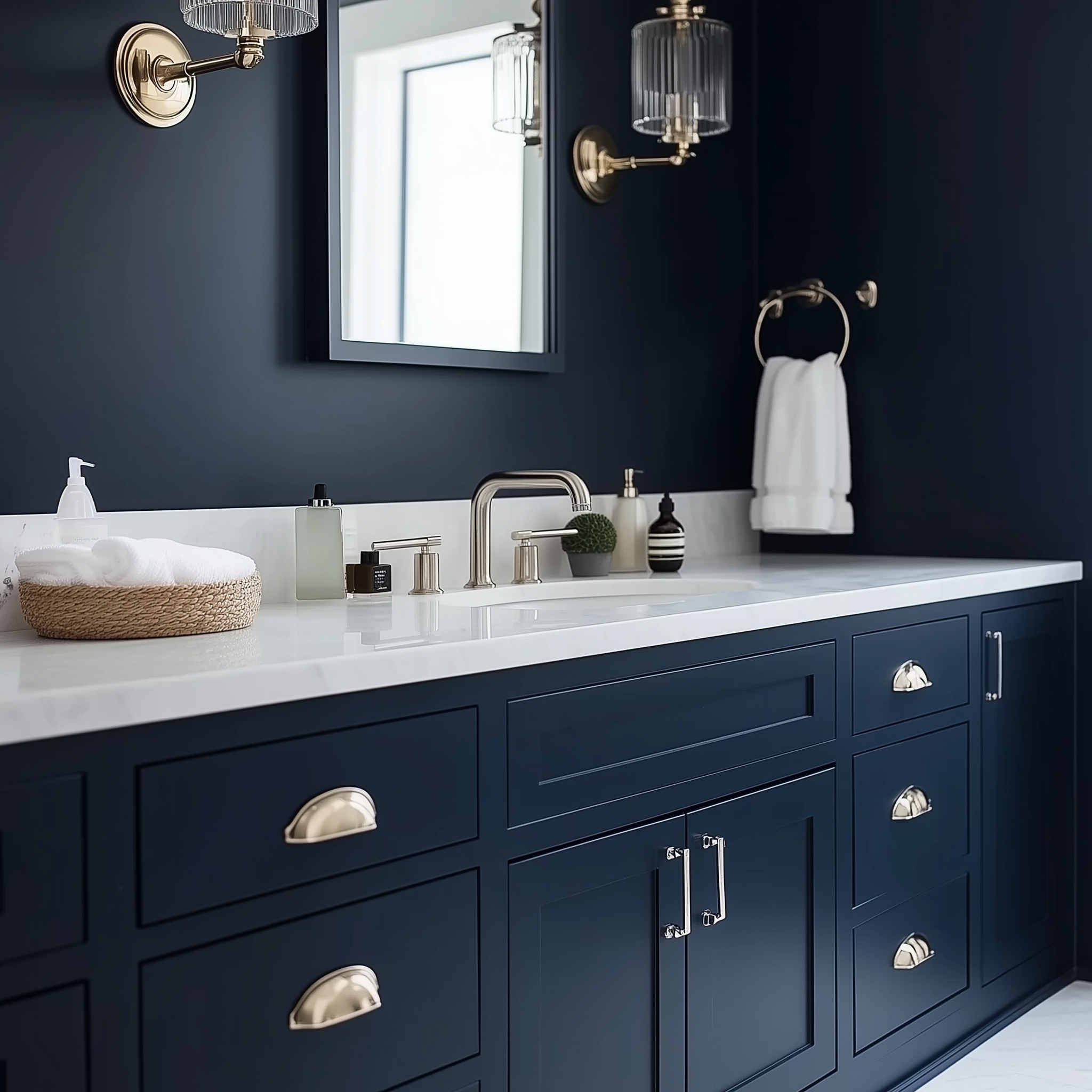 Modern bathroom with sleek vanity, gold hardware accents, and minimal decor creating a sophisticated, timeless atmosphere.