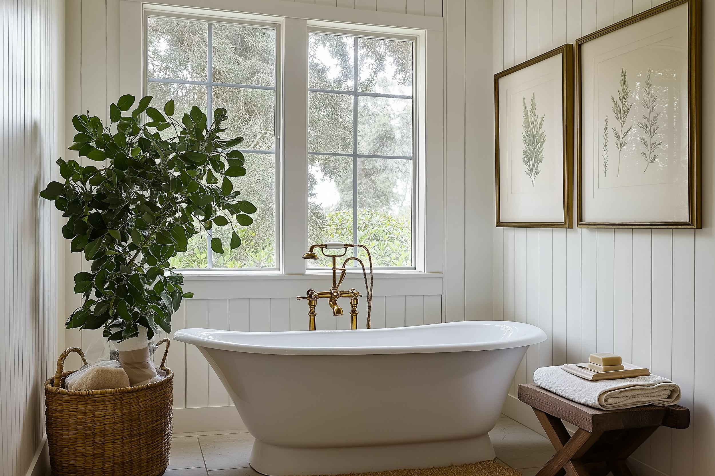 Freestanding white tub with a brass faucet, set against beadboard paneling. Large green plant in a woven basket adds a fresh touch, complemented by framed botanical prints and a wooden stool with neatly folded towels.