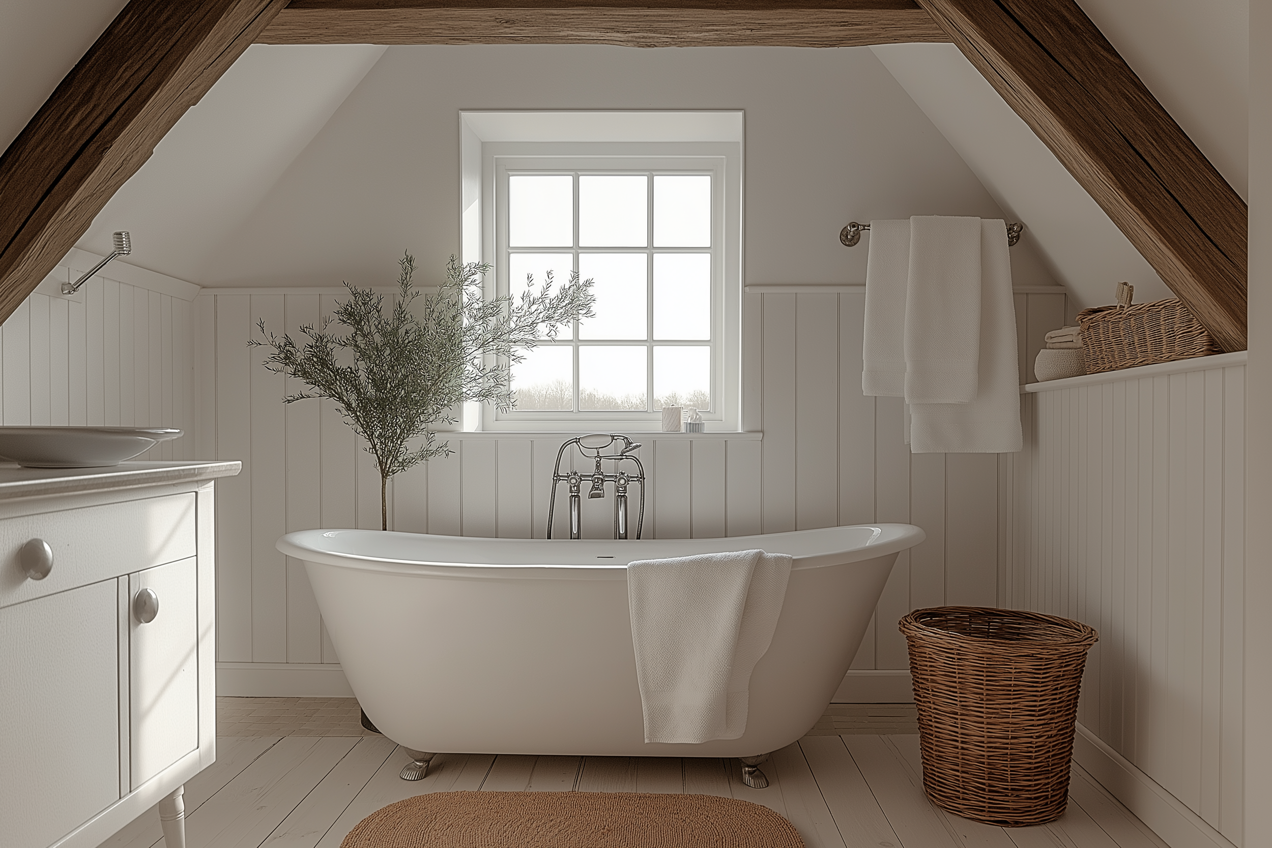 Rustic English Cottage bathroom with a clawfoot tub, beadboard paneling, and exposed wooden beams. A wicker laundry basket and olive tree enhance the cozy charm, while soft sunlight pours through a classic cottage window.