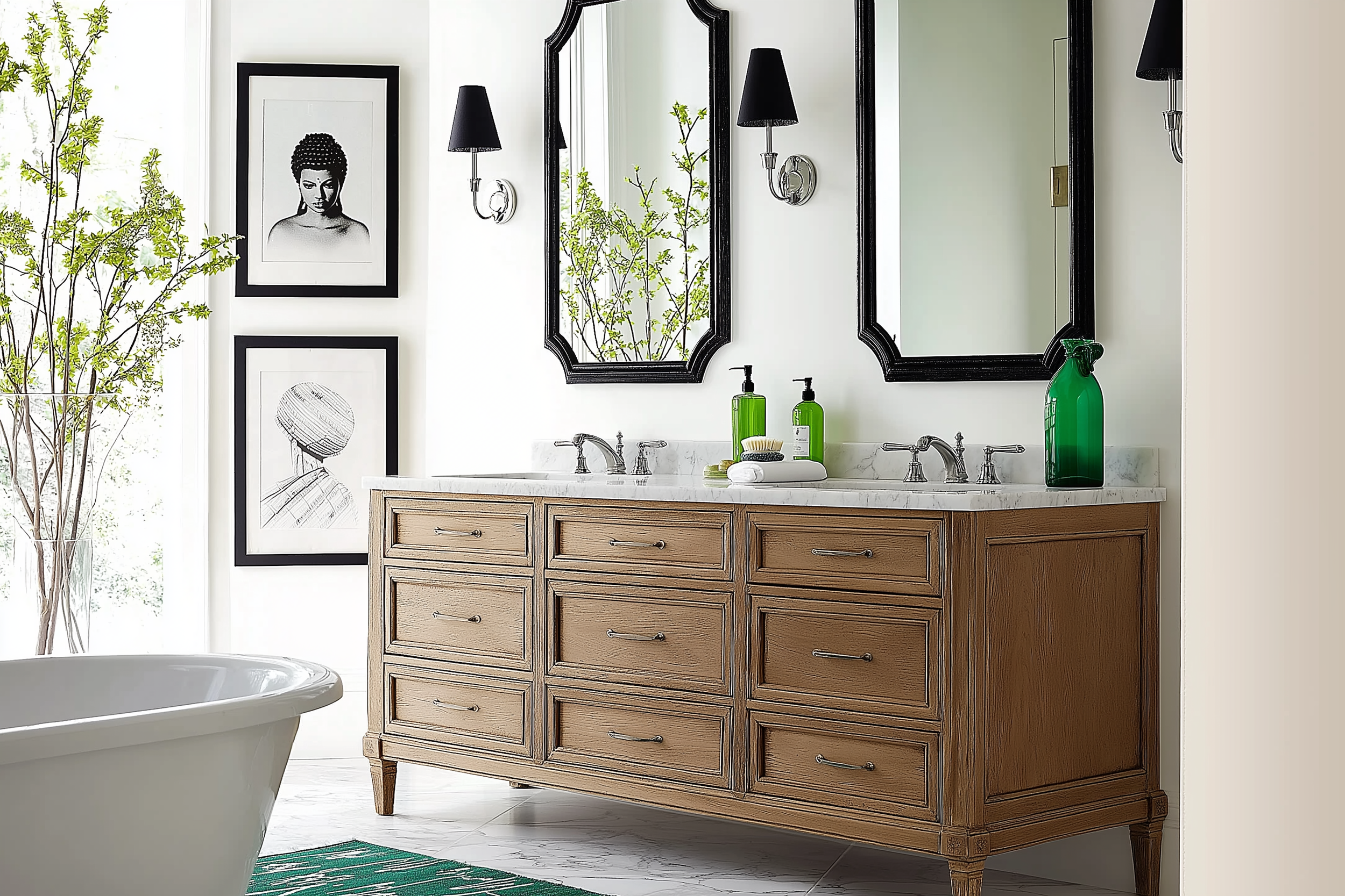 An English Cottage Bathroom featuring a rustic wood vanity with marble countertops, black-framed mirrors, green accents, and botanical artwork. A green rug adds a playful touch, while polished chrome sconces complete the look.