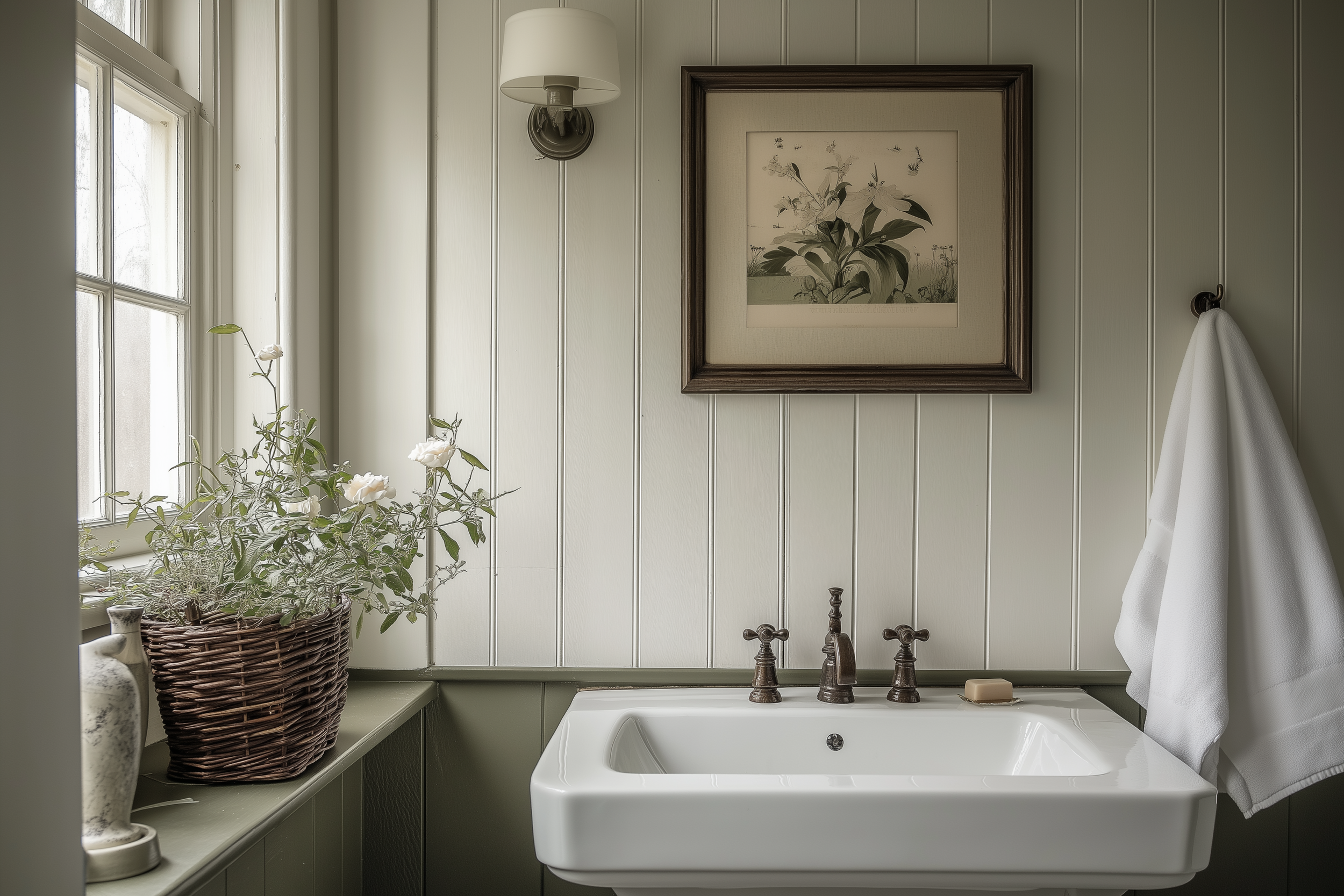 A cozy English Cottage Bathroom featuring sage green beadboard walls, a white pedestal sink with a bronze faucet, a woven basket of greenery, and framed floral artwork. A fluffy white towel adds a touch of luxury.