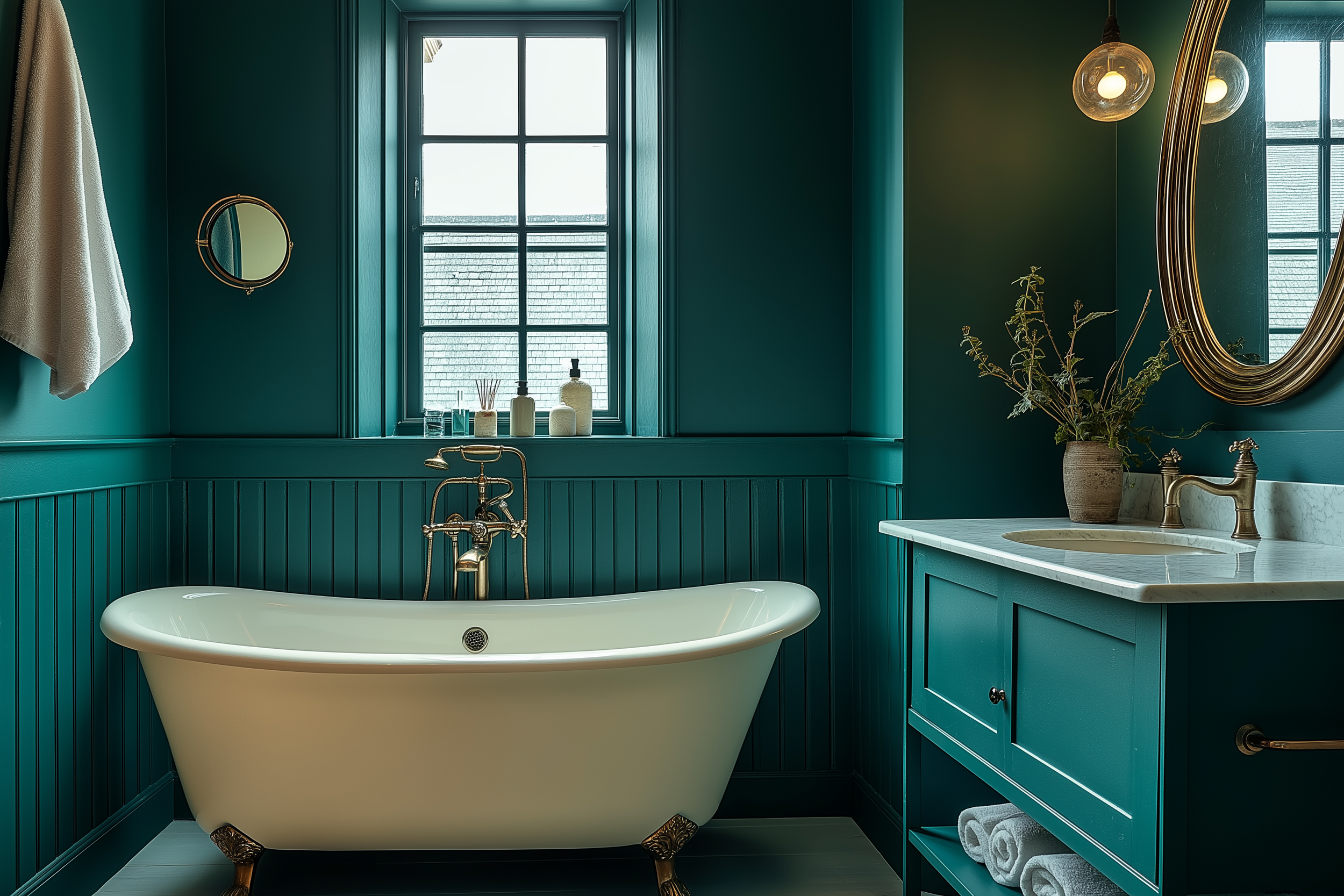 An English Cottage Bathroom with rich teal beadboard walls, a vintage clawfoot tub with gold fixtures, a marble countertop vanity, and a touch of greenery in a stoneware vase.