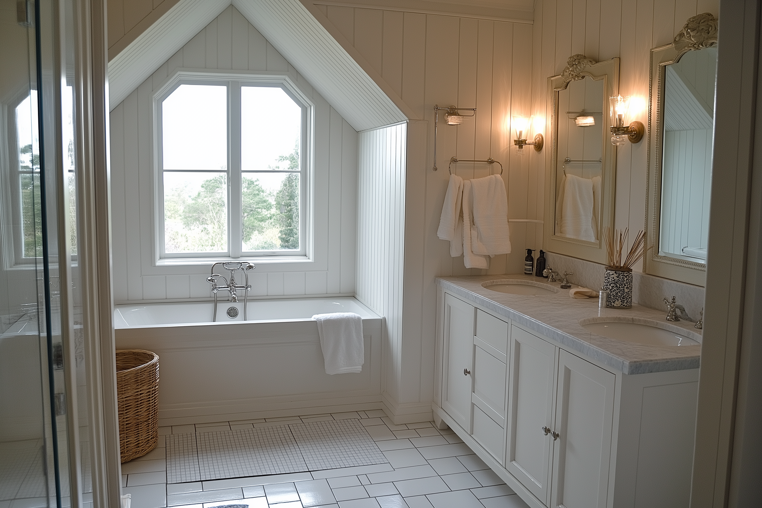 A serene English Cottage bathroom with an A-frame ceiling, beadboard walls, a double marble vanity, and a recessed soaking tub framed by natural light.