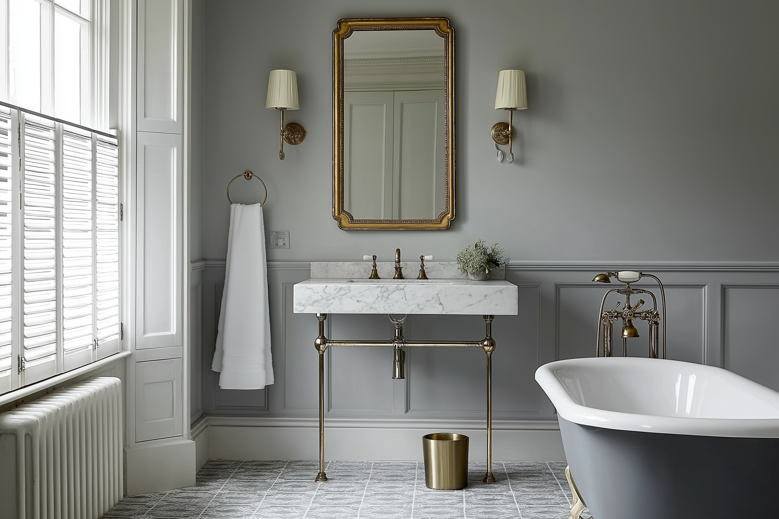 An elegant English Cottage bathroom featuring a marble-topped vanity with brass legs, vintage brass fixtures, a gray clawfoot tub, and soft gray wall paneling under natural light.