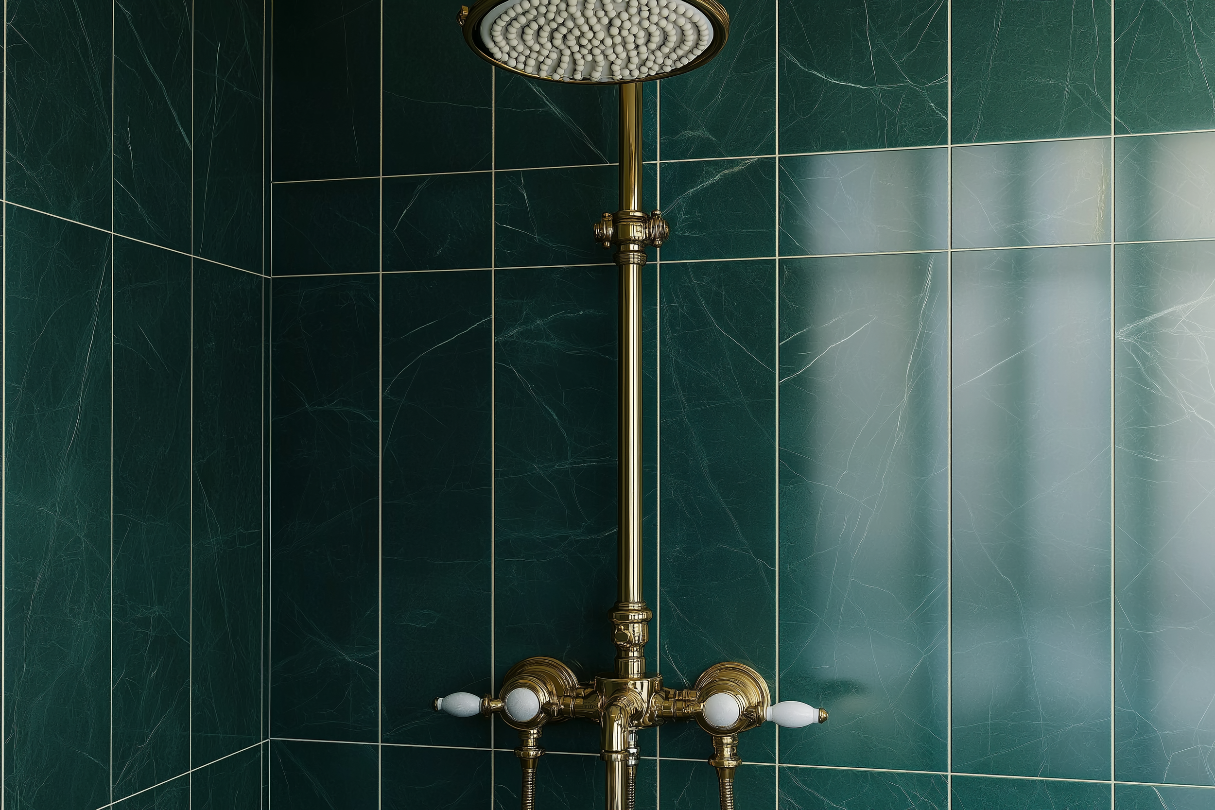 Luxurious emerald green shower with gold rain showerhead and matching hardware, creating a regal and modern aesthetic.
