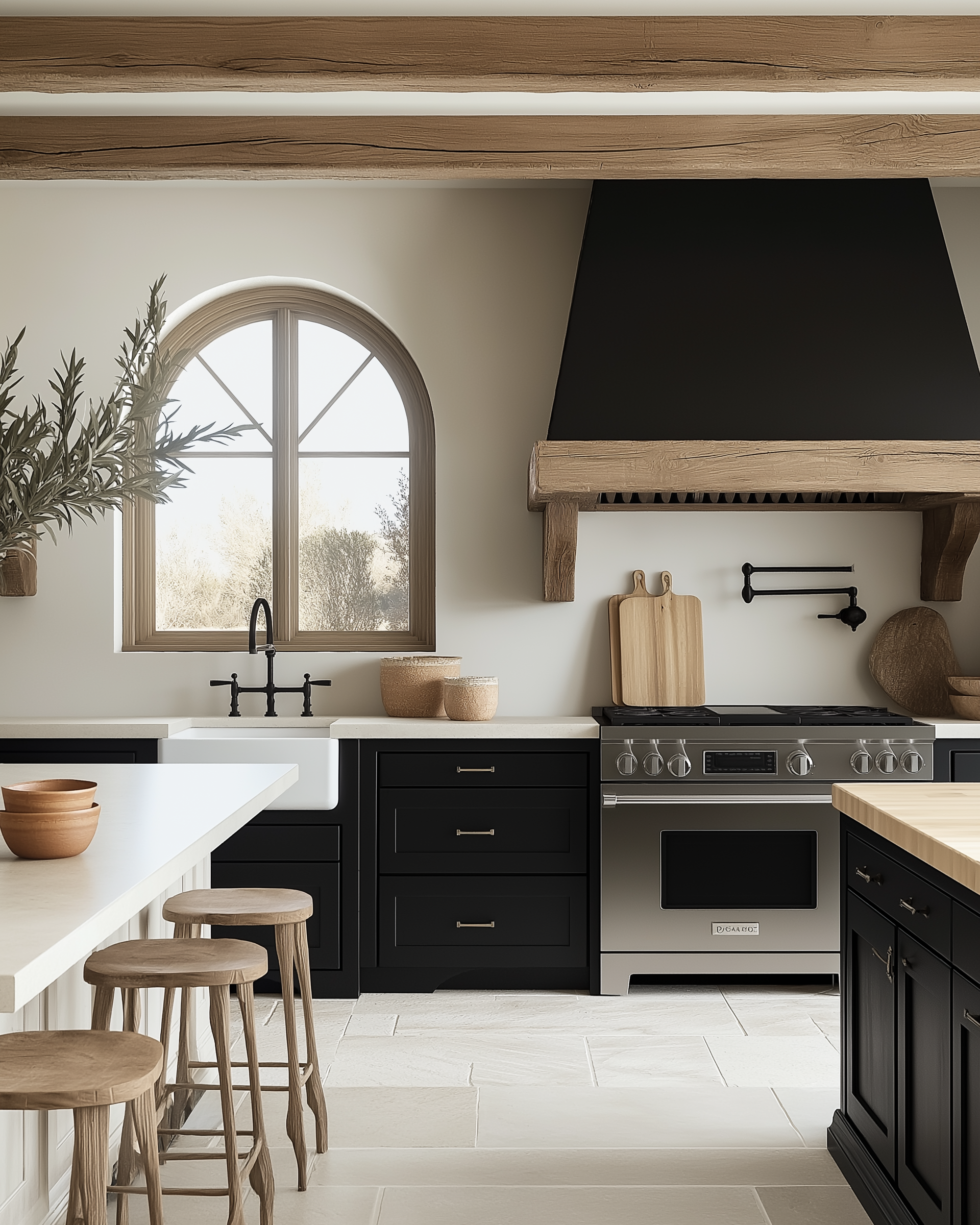 A modern rustic kitchen in black, white and white oak with two different countertops. The island has a marble countertop and the other island has a reclaimed white oak countertop.