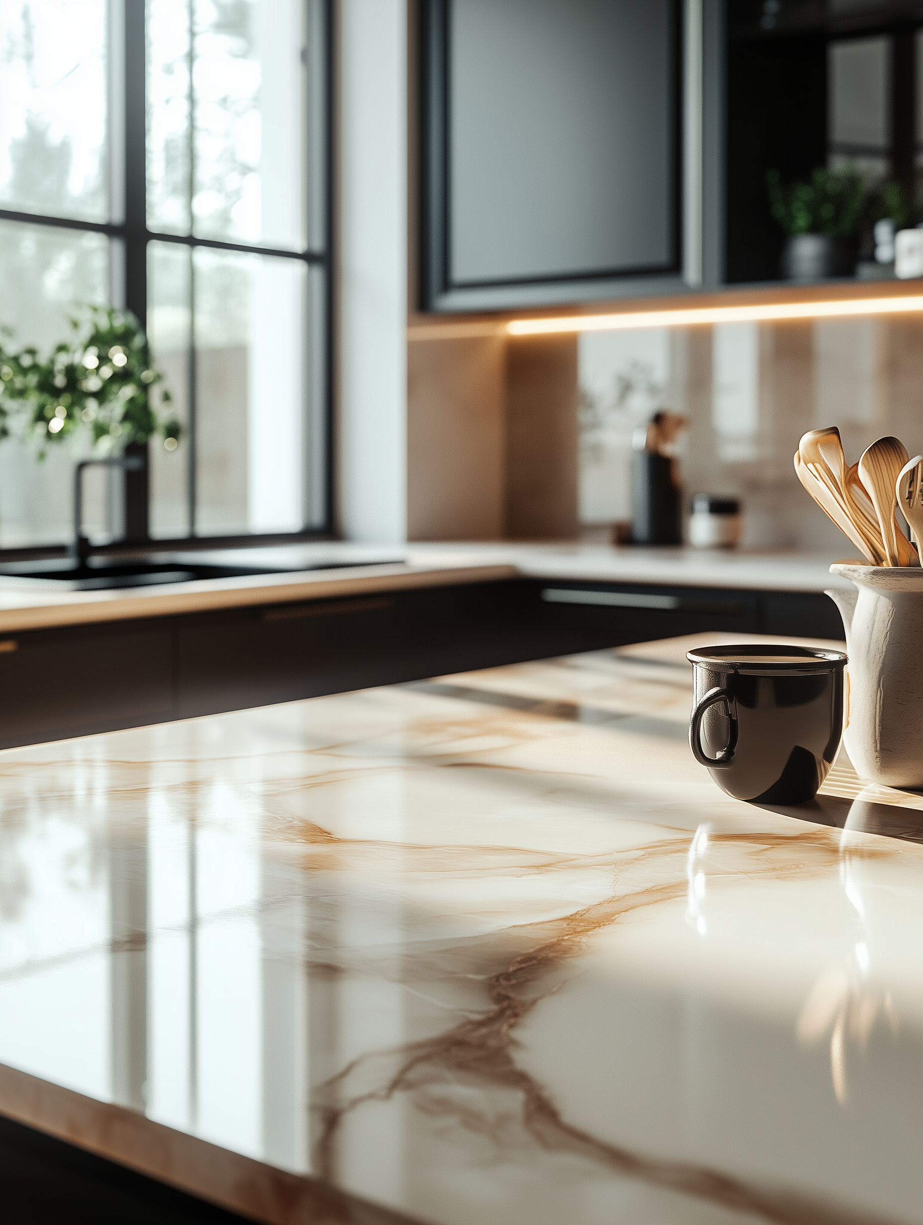 A sleek surface made of marble, accessories placed on the borders of composition set against modern kitchen, close up shot of kitchen countertop.