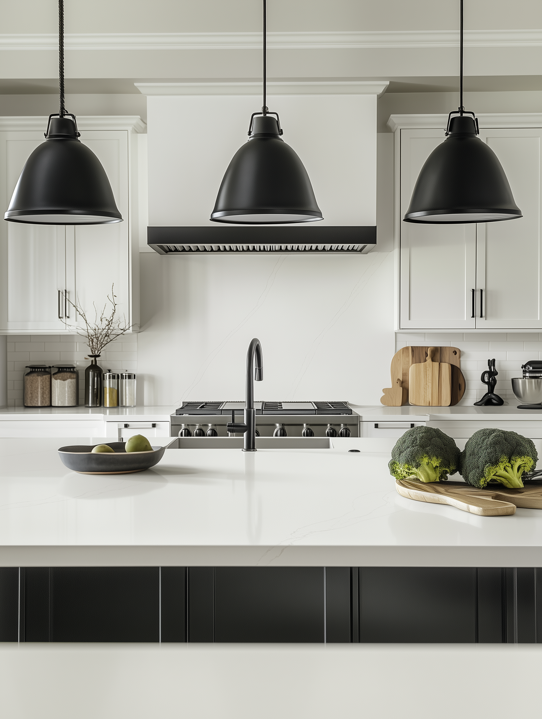 A modern black and white kitchen with white quartz countertops and black lights hanging over the kitchen island.