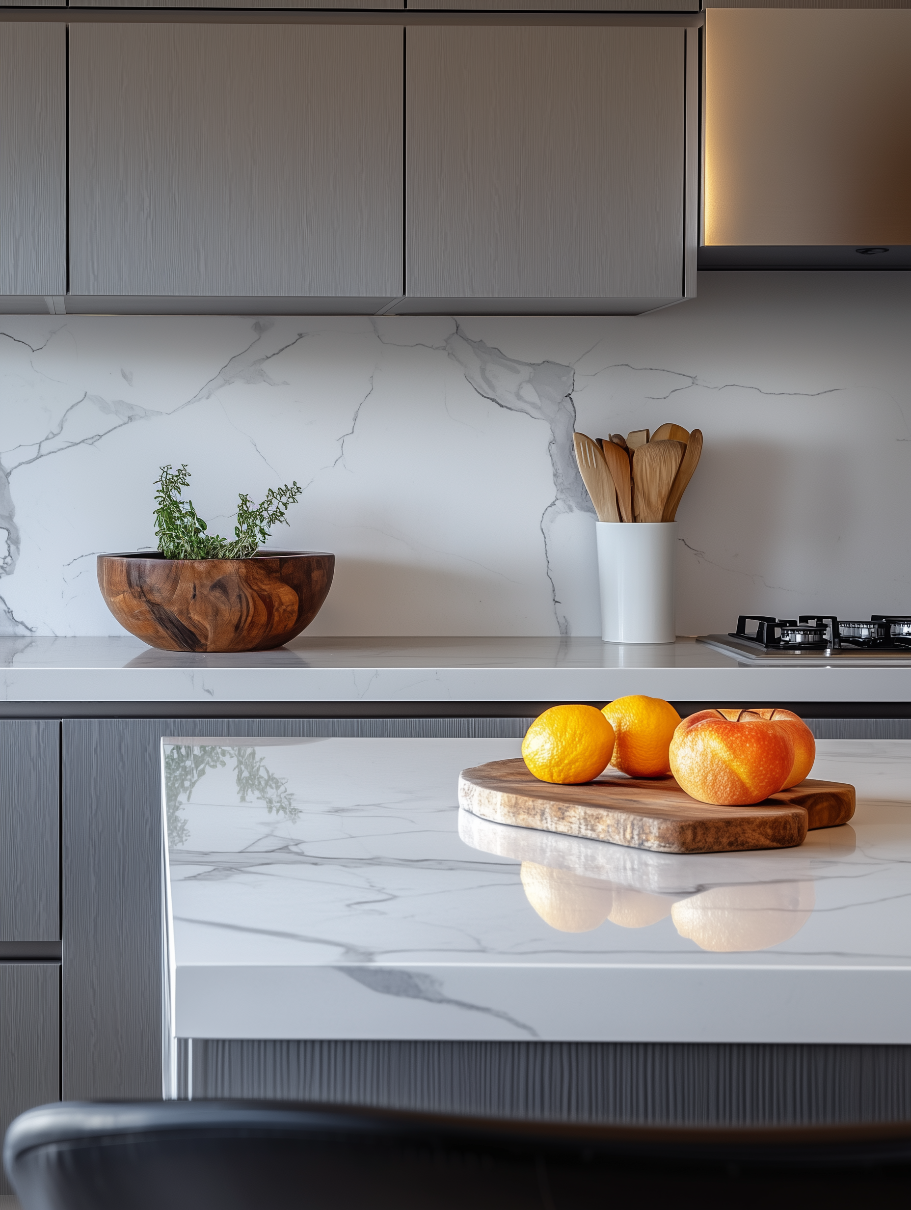 A modern grey kitchen with natural wooden elements and an island with a quartzite countertop.