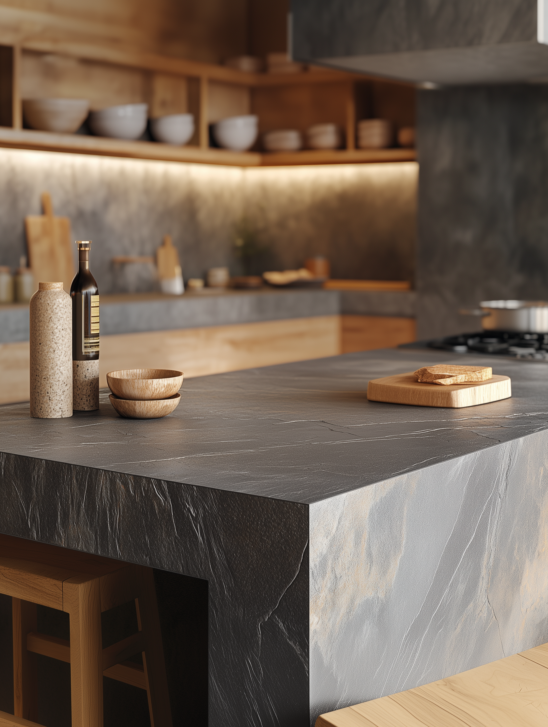 A rustic Mediterranean style kitchen with wooden elements on top of the large kitchen soapstone countertop island.
