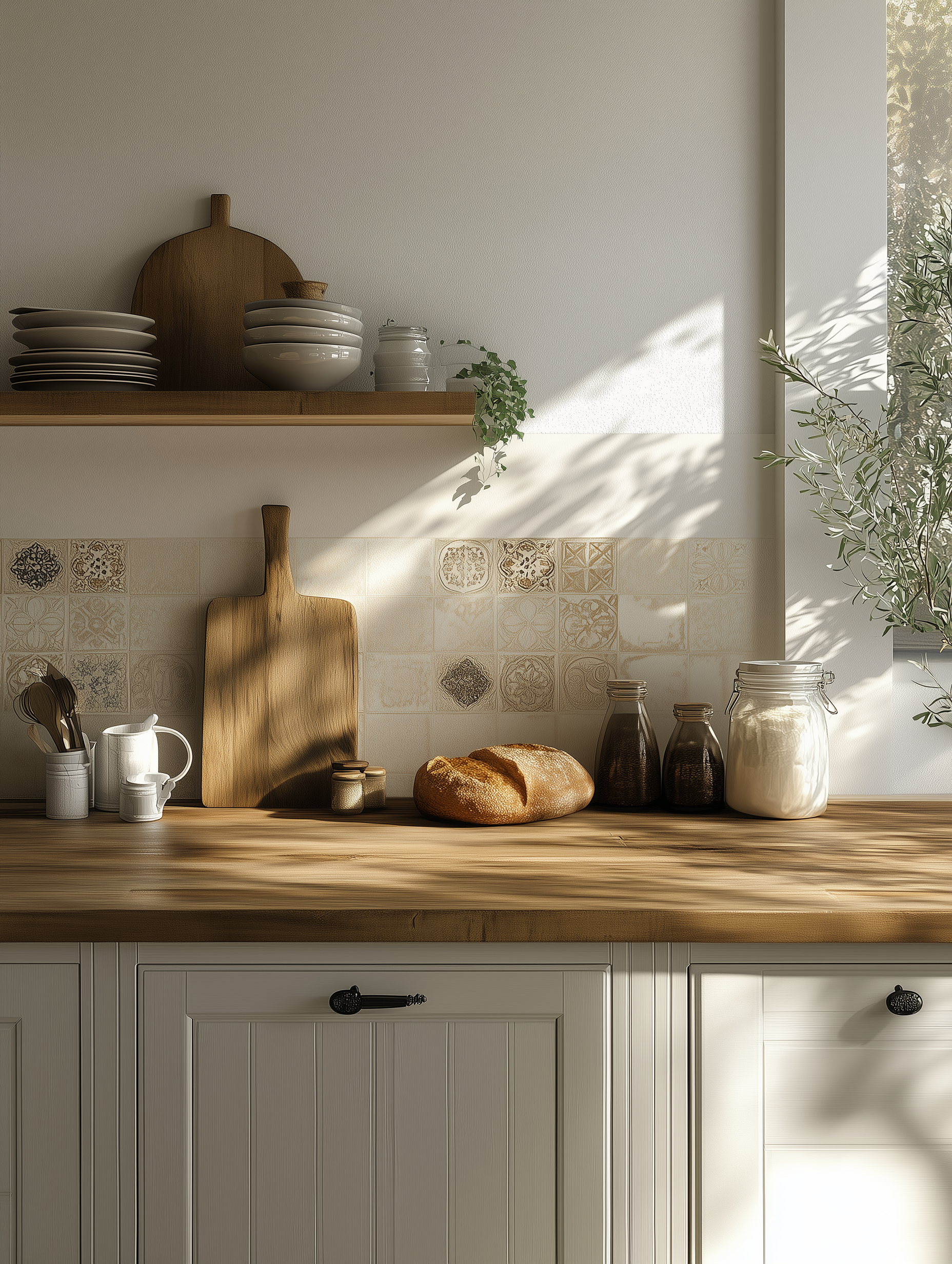 Rustic French style kitchen with chopping board, shelf, and other untensils placed on top of the butcher block kitchen countertop.