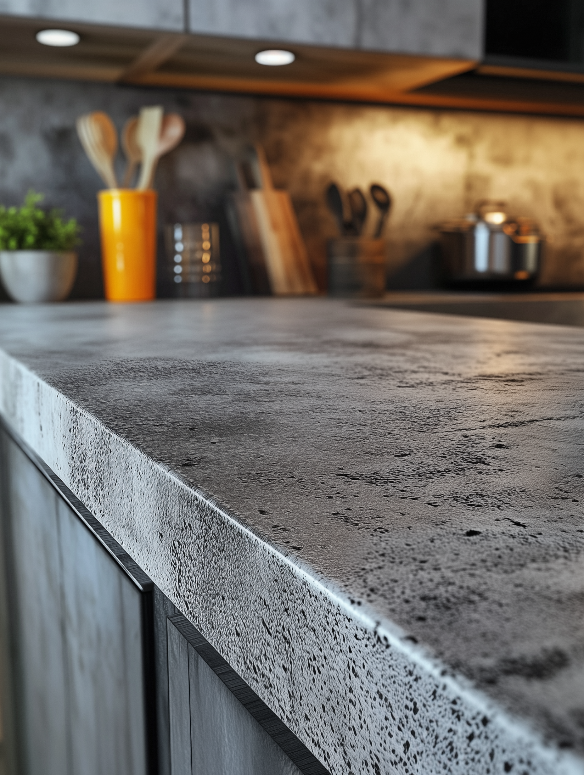 Rustic stunning grey concrete kitchen countertop with all the imperfections with kitchen accessories and potted herbs displayed on the surface.