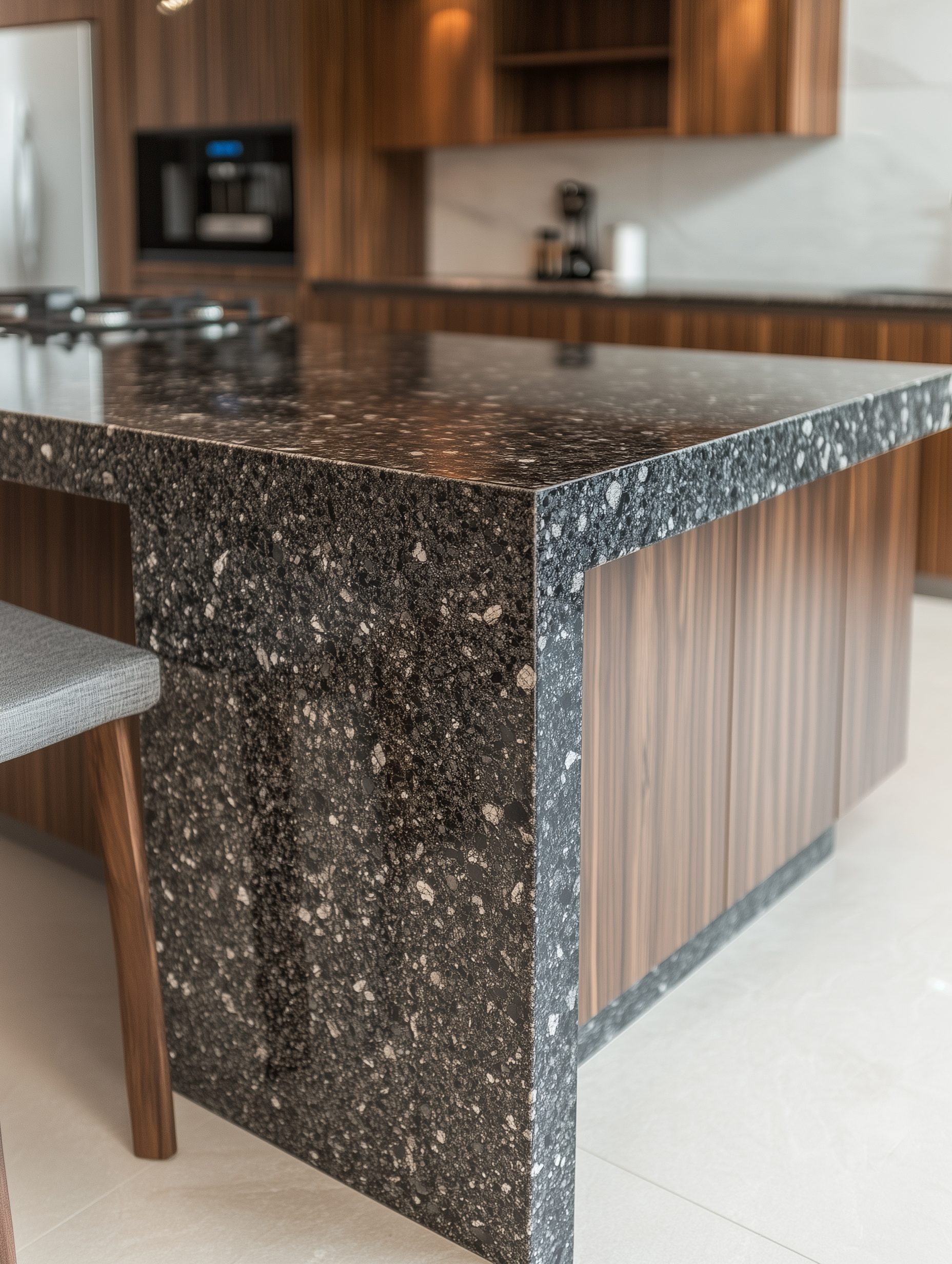 Beautiful speckled black granite waterfall kitchen countertop island in a bright kitchen with white stone tiled flooring and wooden cabinets.