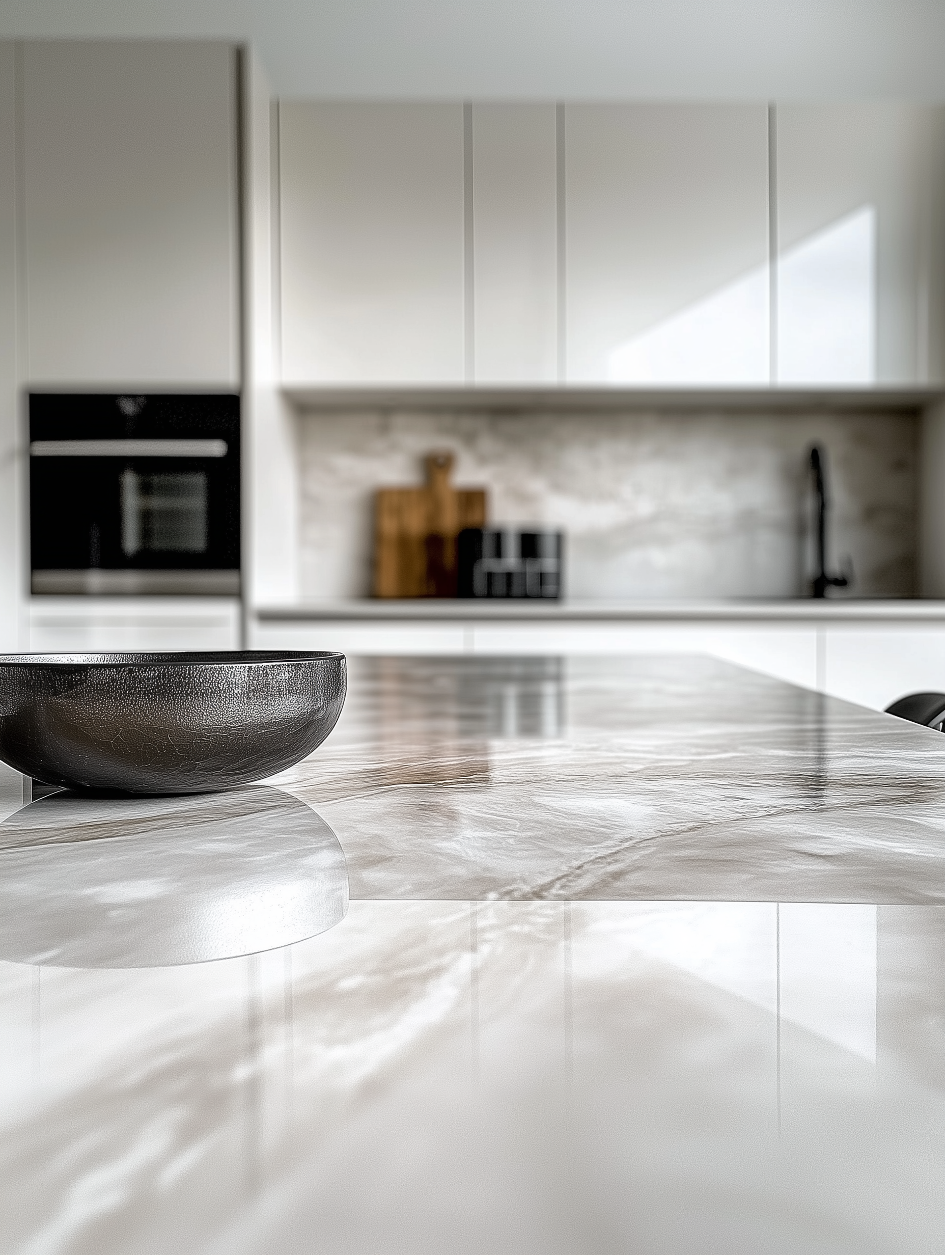 Reflective, smooth porcelain kitchen island countertop in a modern cream colored kitchen.