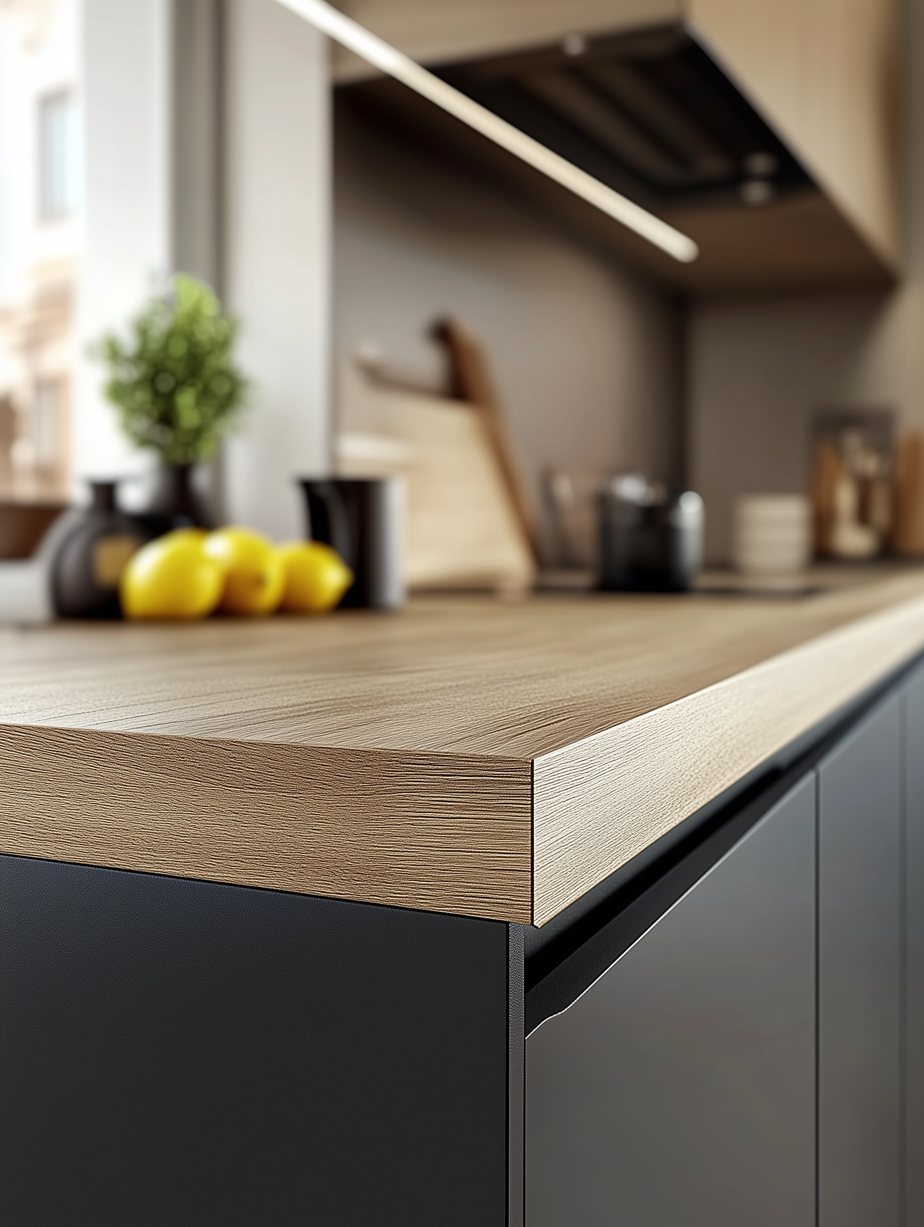 A modern European kitchen, with a wood laminate kitchen countertop and a large kitchen window. Fresh herbs, fruit and a two chopping boards are on the surface.