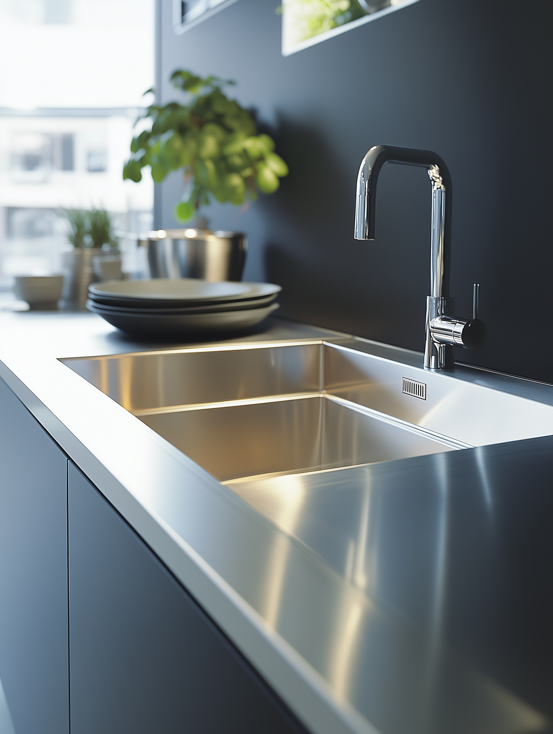 Apartment with sleek stainless steel kitchen countertop and sink with dark grey lower cabinets.