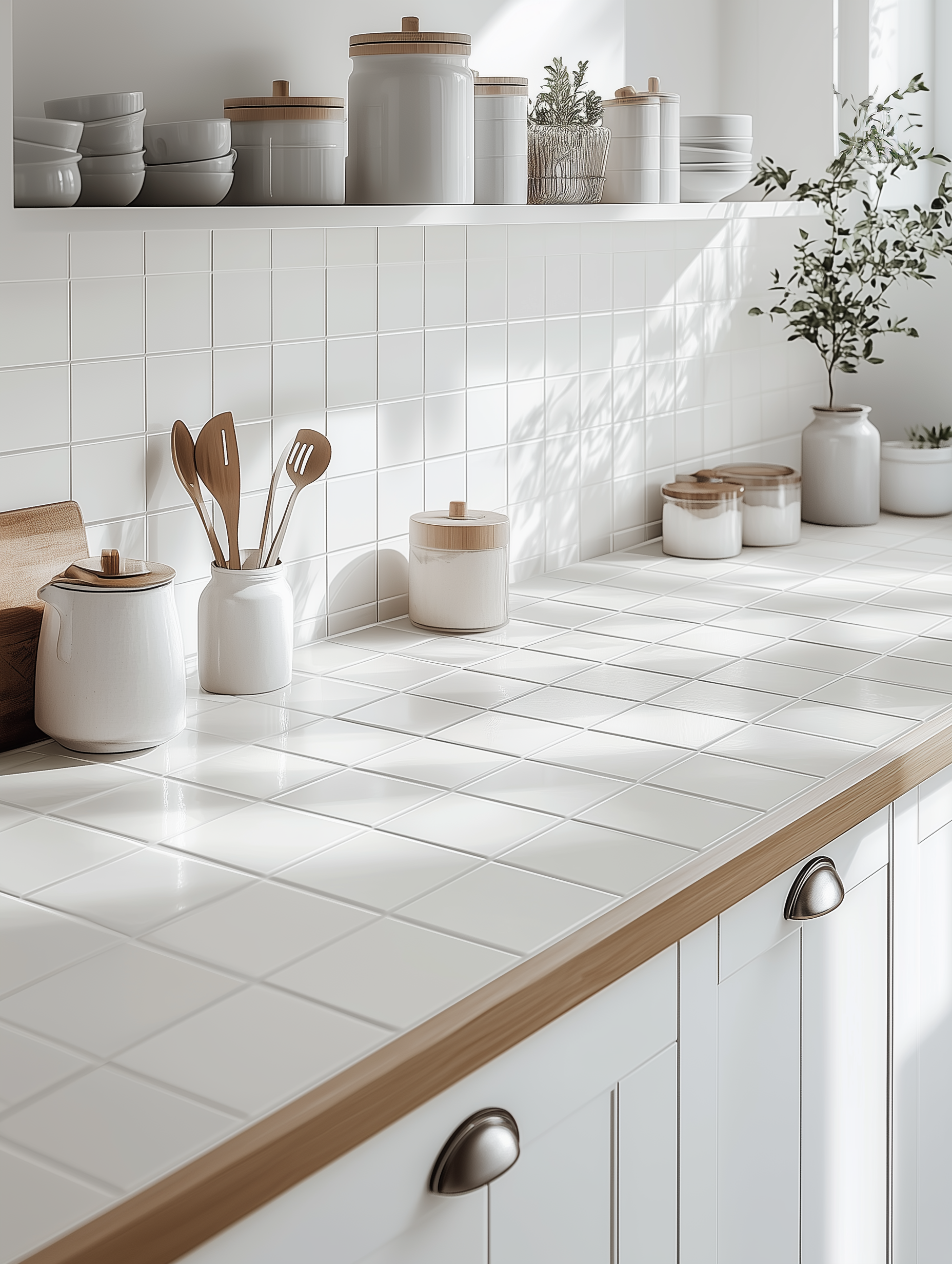 A close-up photo of a white tiled kitchen countertop with a white tiled backsplash, focusing on the blank surface with only a few kitchen accessories on it.