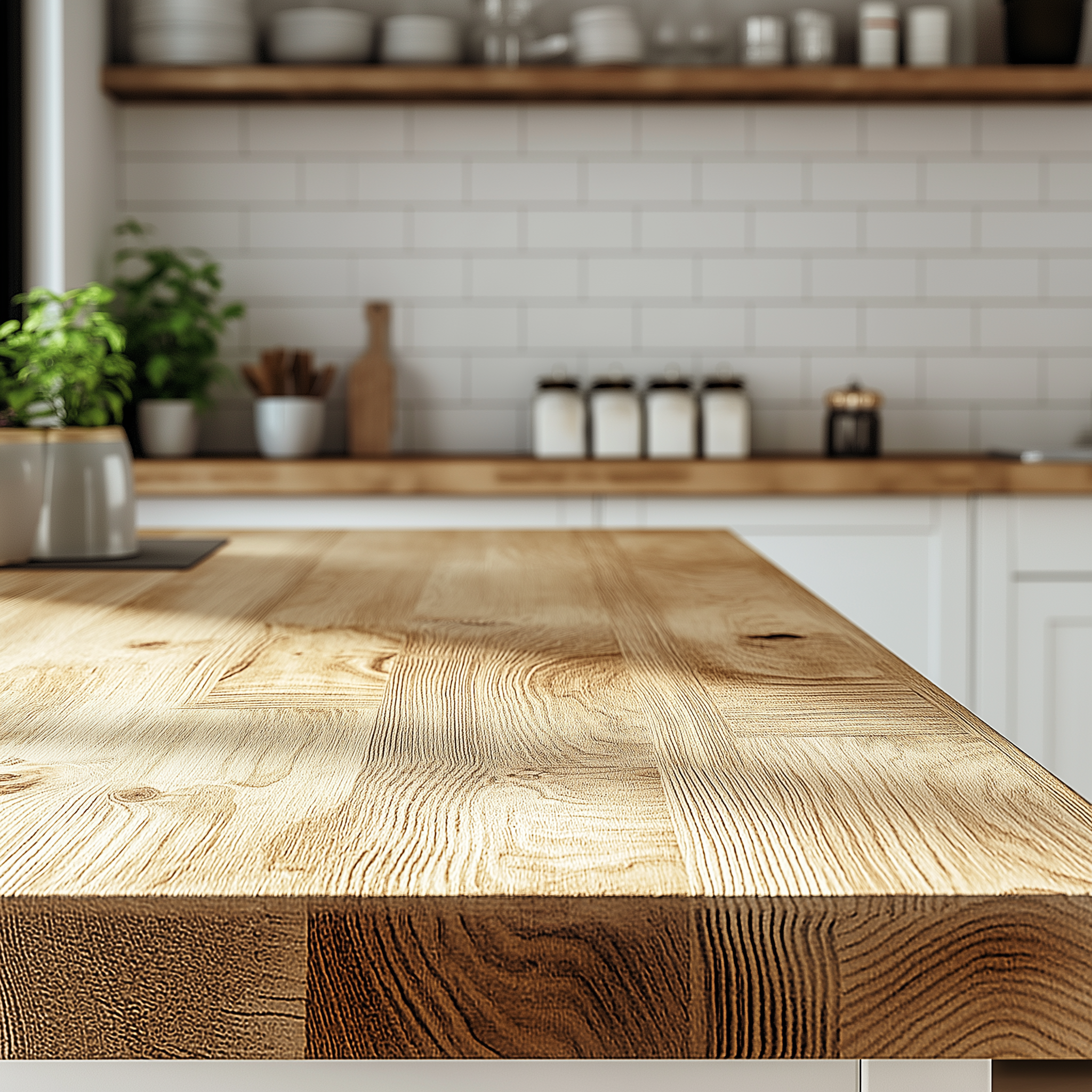 A cozy modern style kitchen with white subway tile backsplash and reclaimed wood kitchen countertop, herb potted plans, and chopping boards, evoking a warm and inviting atmosphere.