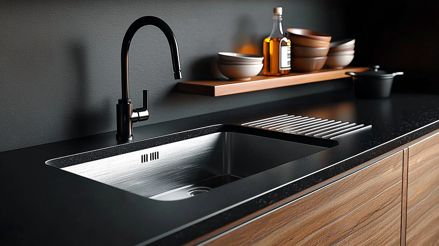 A stunning eco friendly black paper composite kitchen countertop in a modern black kitchen with wooden lower kitchen cabinets and shelf. Matte black kitchen faucet and stainless steel kitchen sink.