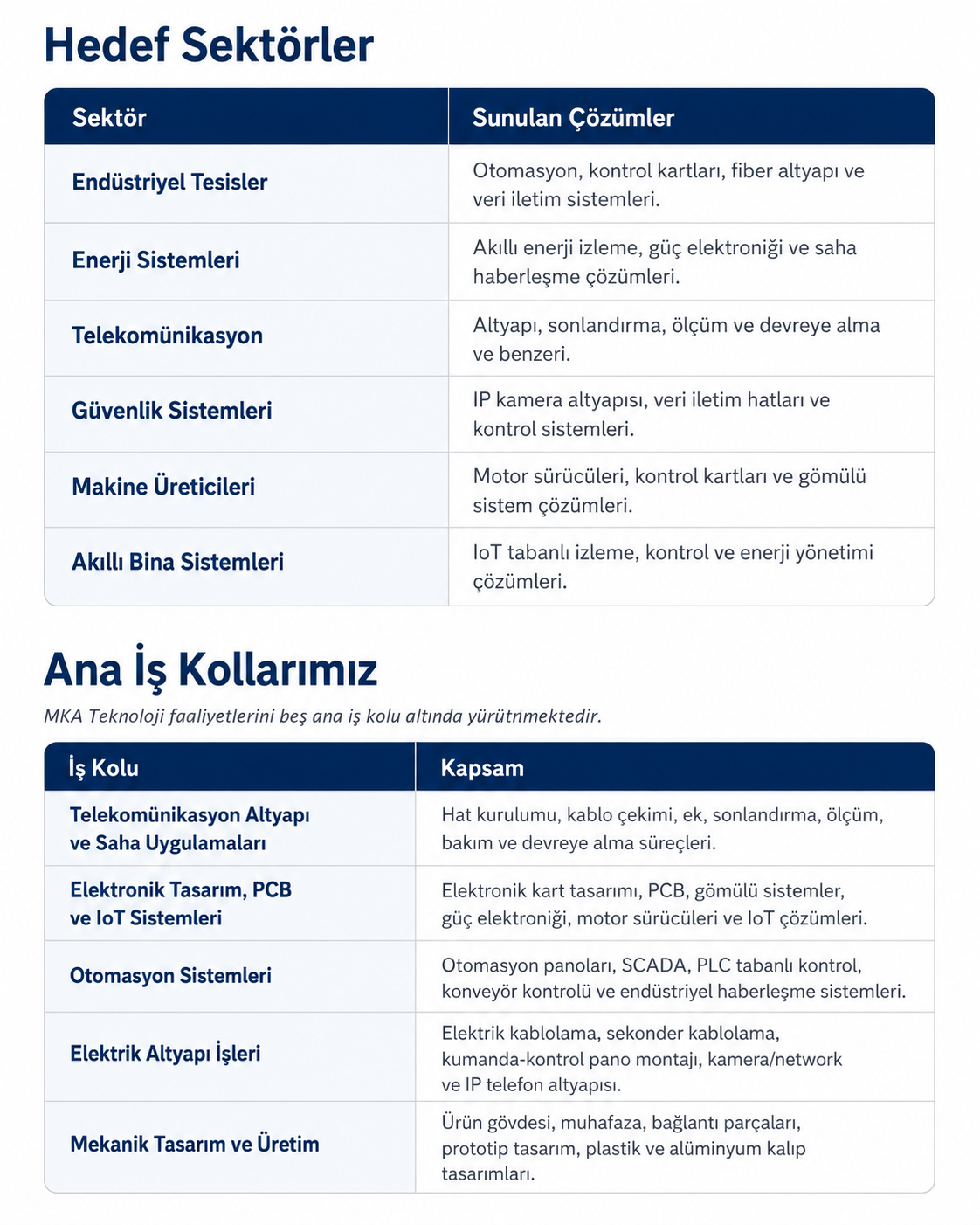 A detailed table listing different sectors with their corresponding solutions and a second table describing main work areas with their details, all in Turkish.