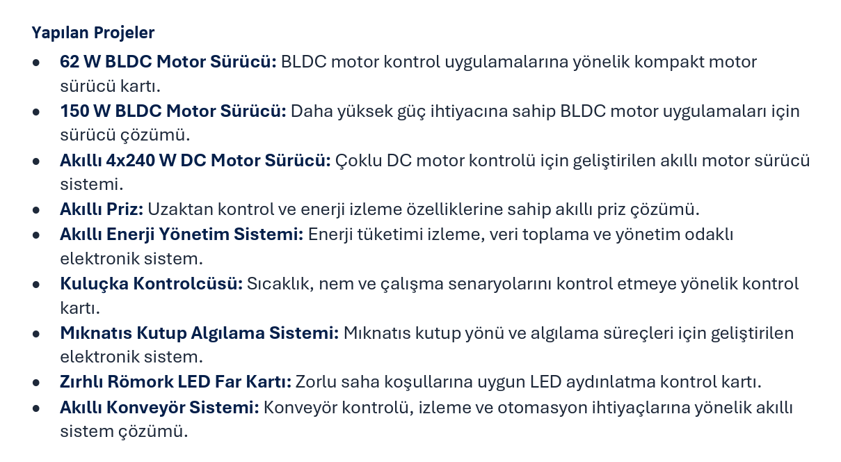 A webpage listing various electric motor and control system components, including BLDC motors, smart controllers, energy management systems, heat and humidity sensors, sensing systems, LED lighting controls, and conveyor systems.