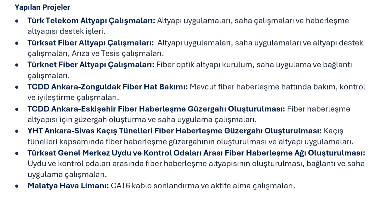 A list of various fiber optic infrastructure projects in Turkish, detailing works such as application, field work, installation, maintenance, route creation, and cable termination at Malatya Hava Limanı.