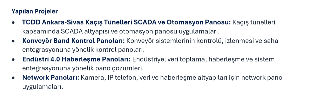 A list of technical panel descriptions in Turkish, including topics about SCADA, conveyor control, industrial communication, and network applications.