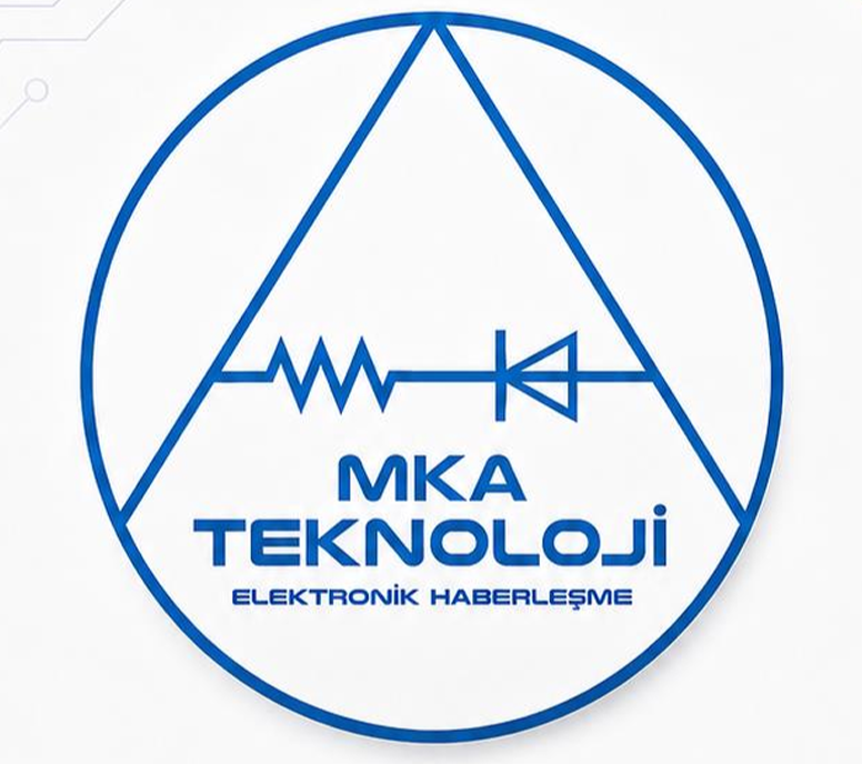 Logo of MKA Teknoloji, an electronics company, featuring a blue circle with electronic symbols and text in Turkish.