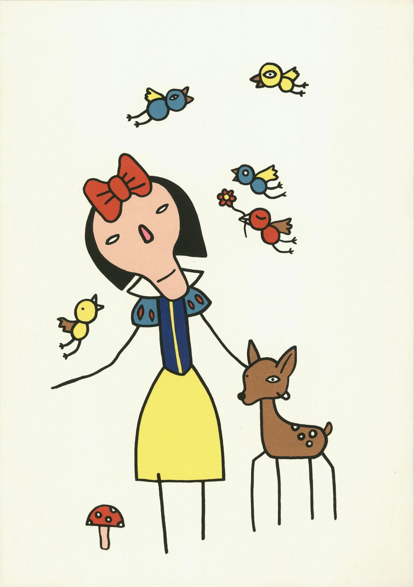 A drawing of a woman with black hair, wearing a yellow dress and a large red bow, surrounded by colorful birds and animals, including a dog and a mushroom.