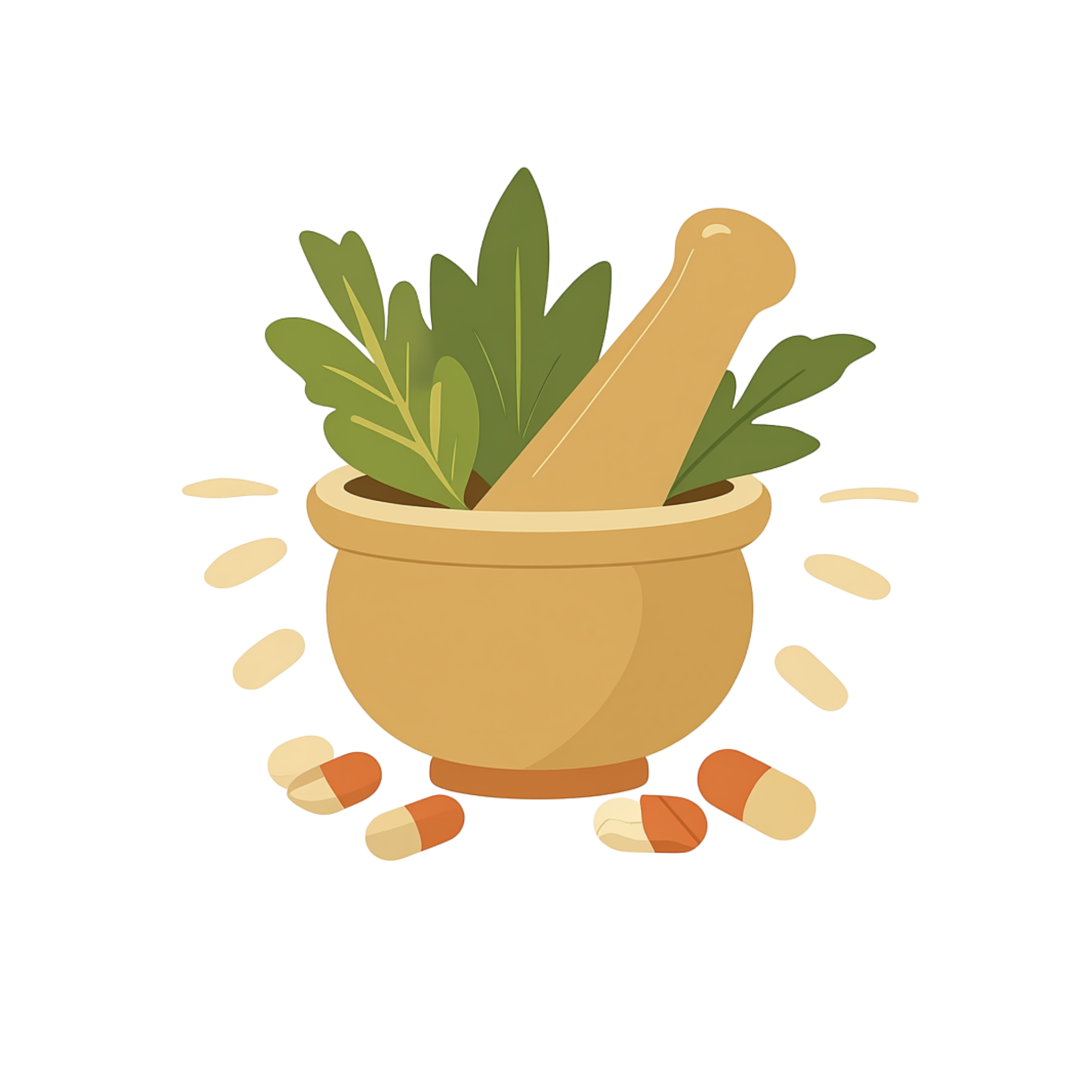 A cartoon illustration of a potted plant with green leaves and a large root or tuber. The pot is tan and is held by two hands, with some scattered stem or root parts around it.