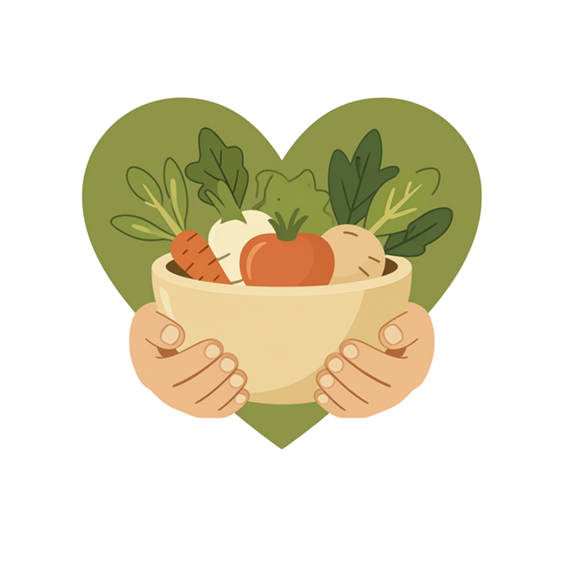 A heart-shaped vegetable garden with various vegetables and leafy greens growing in it, being held by hands.