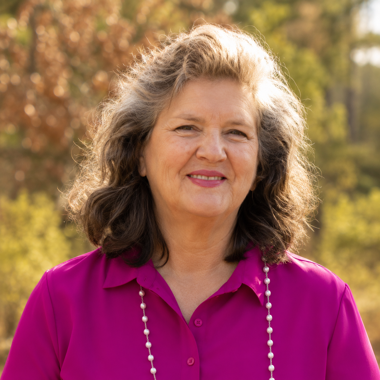 A woman with shoulder-length gray hair, wearing a bright pink top and a pearl necklace, standing outdoors with trees in the background.