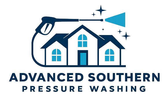 A logo with a house and a pressure washer, stars, and sparkles, with the text "Advanced Southern Pressure Washing."